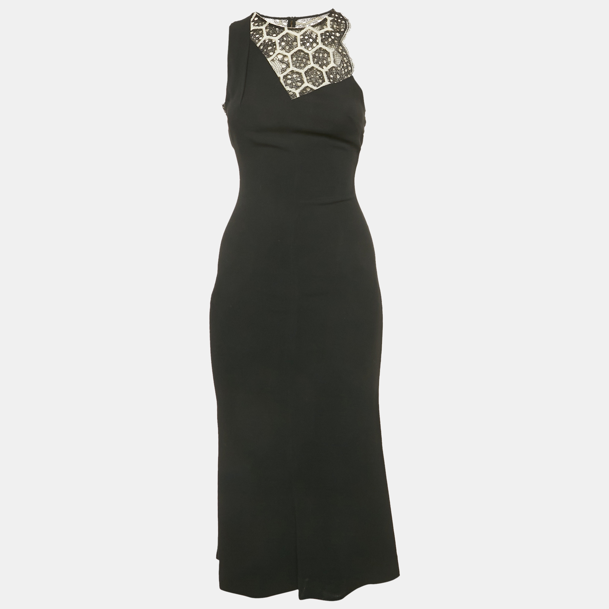 

Roland Mouret Black Crepe Lace Detail Sleeveless Midi Dress S