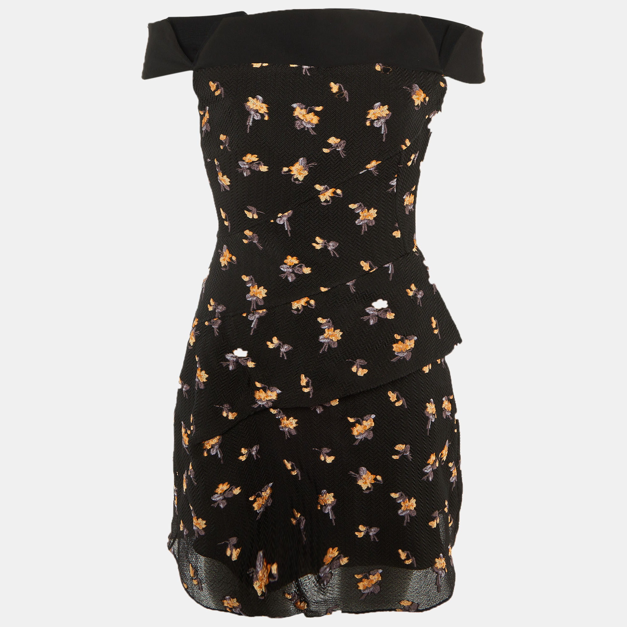 

Roland Mouret Black Crepe Floral Embroidered Off Shoulder Winslow Mini Dress M