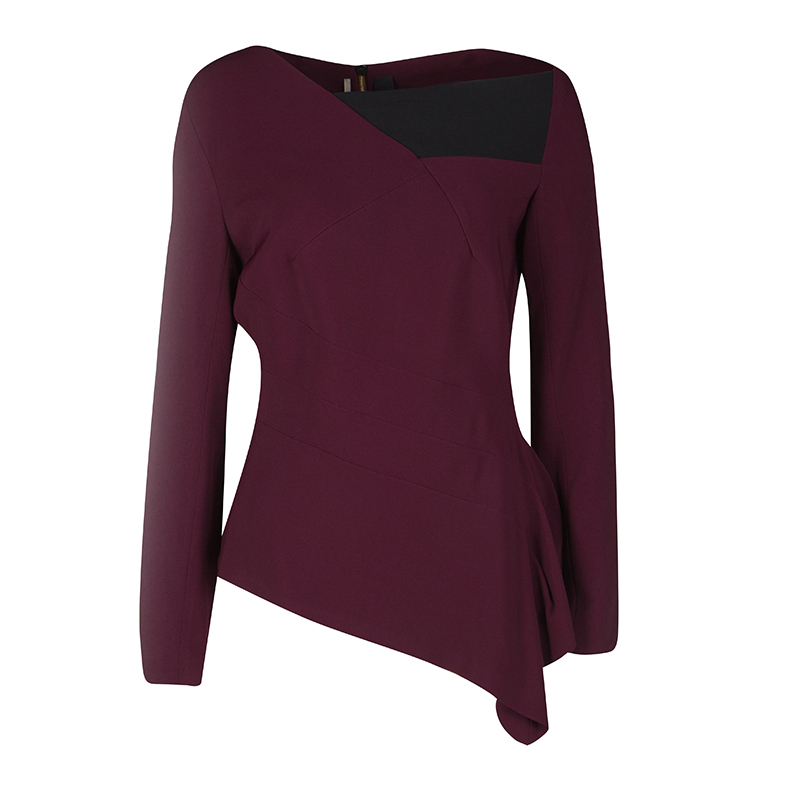 Pre Owned Roland Mouret Burgundy Contrast Trim Long Sleeve Asymmetric Top L