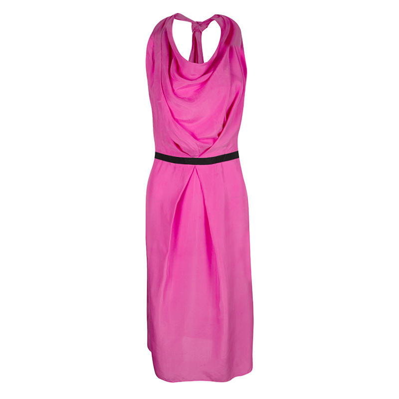 Pre Owned Roland Mouret Pink Silk Draped Cutout Back Contrast Tie Detail Sleeveless Dress M