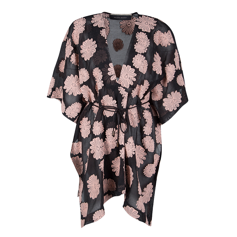 Pre Owned Roland Mouret Black Cotton Floral Pattern Jacquard Kaftan Top L
