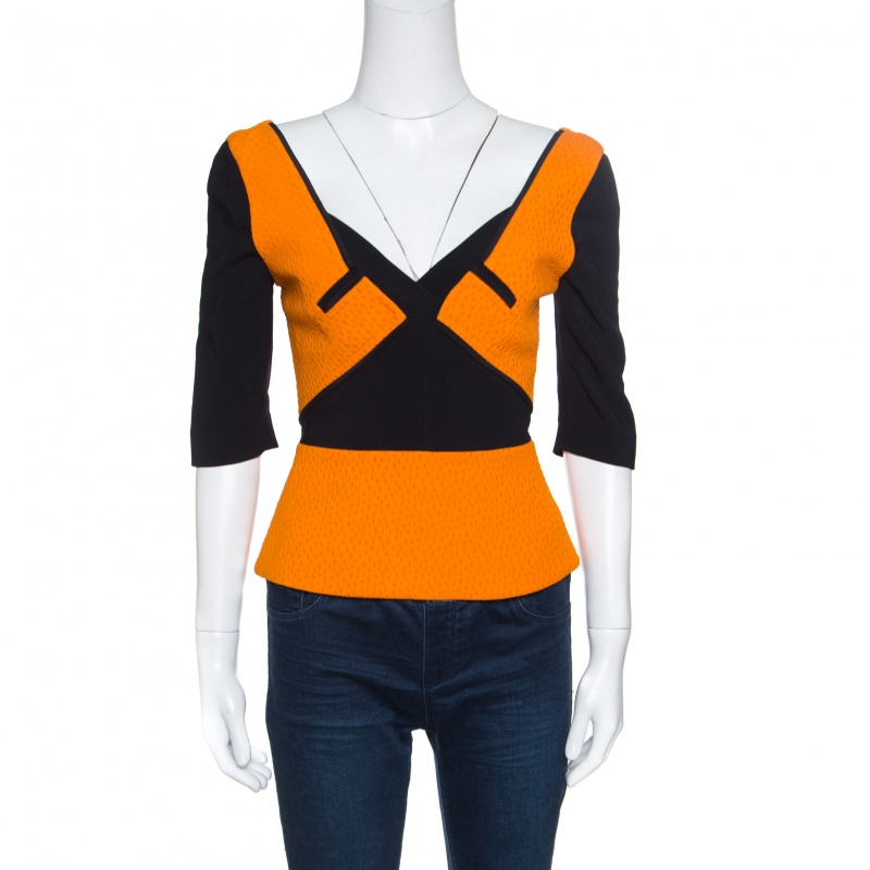 Pre Owned Roland Mouret Orange and Black Paneled Ajanta Peplum Top S