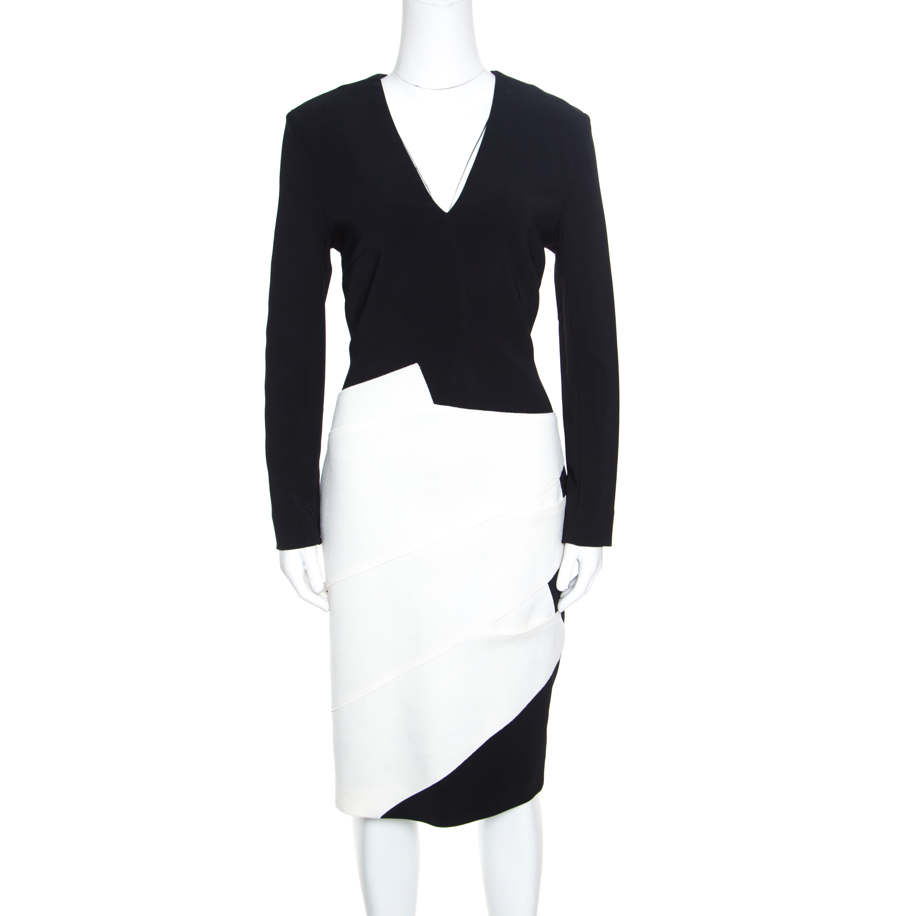 Pre Owned Roland Mouret Monochrome Wool Colorblock V Neck Shift Dress L