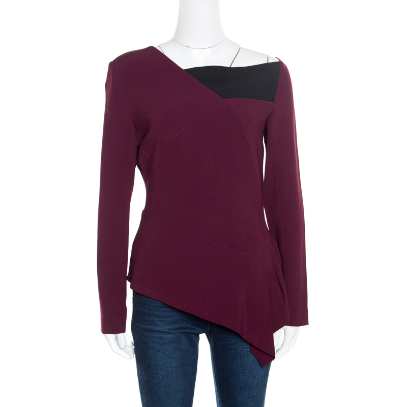 Pre Owned Roland Mouret Burgundy Contrast Trim Long Sleeve Asymmetric Top L
