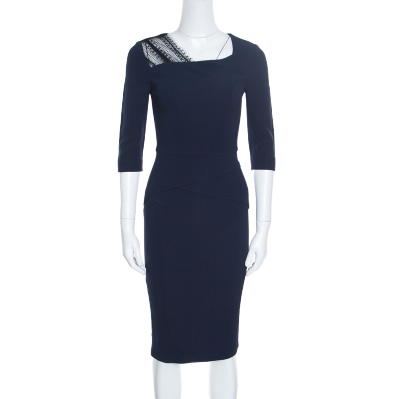 Roland Mouret Navy Blue Stretch Lace Detail Ingram Sheath Dress S ...