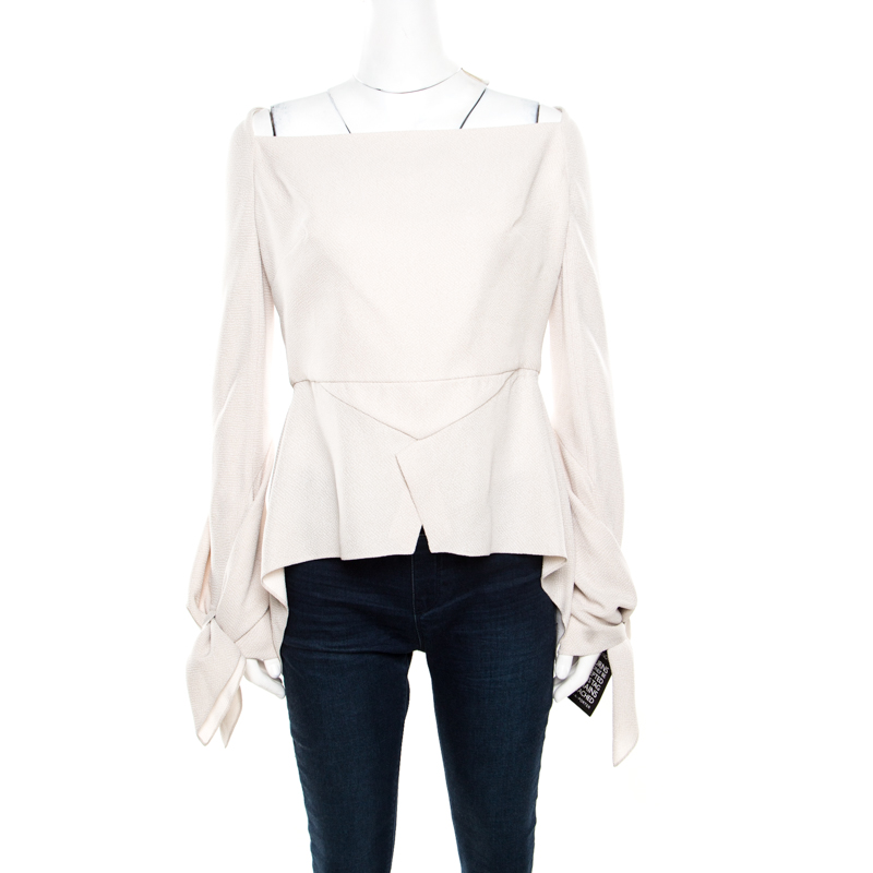 Pre Owned Roland Mouret Beige Textured Crepe Wicklow Angular Peplum Top L