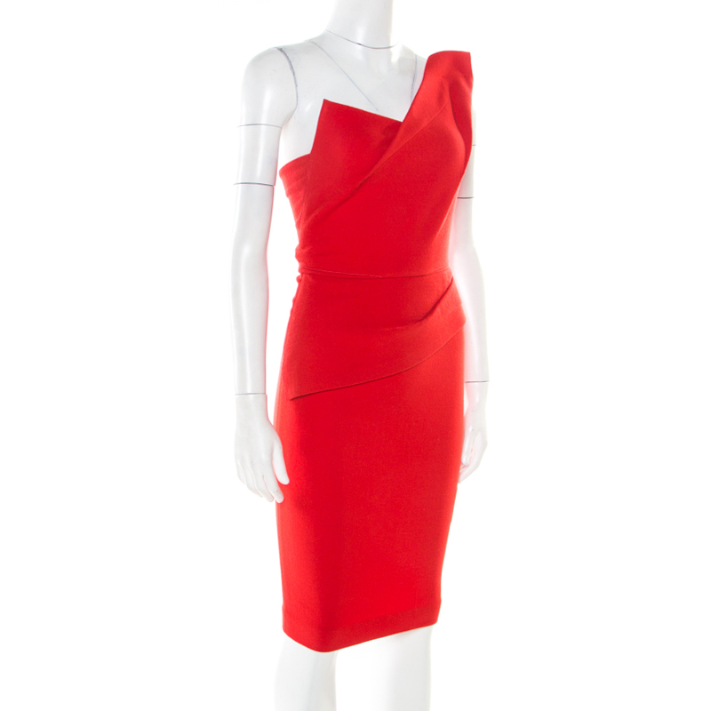 

Roland Mouret Lipstick Red Crepe Wool One Shoulder Pernice Cocktail Dress