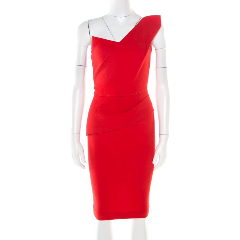 Pre Owned Roland Mouret Lipstick Red Crepe Wool One Shoulder Pernice Cocktail Dress S