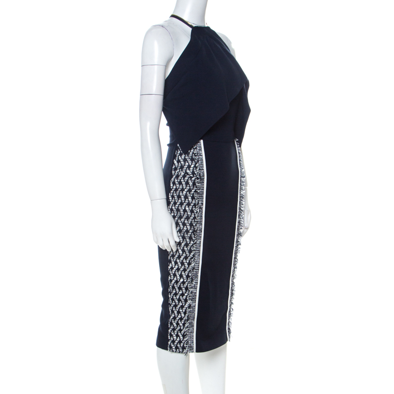 

Roland Mouret Navy Blue & White Crepe & Tweed Zip Strap Detail Paneled Midi Dress