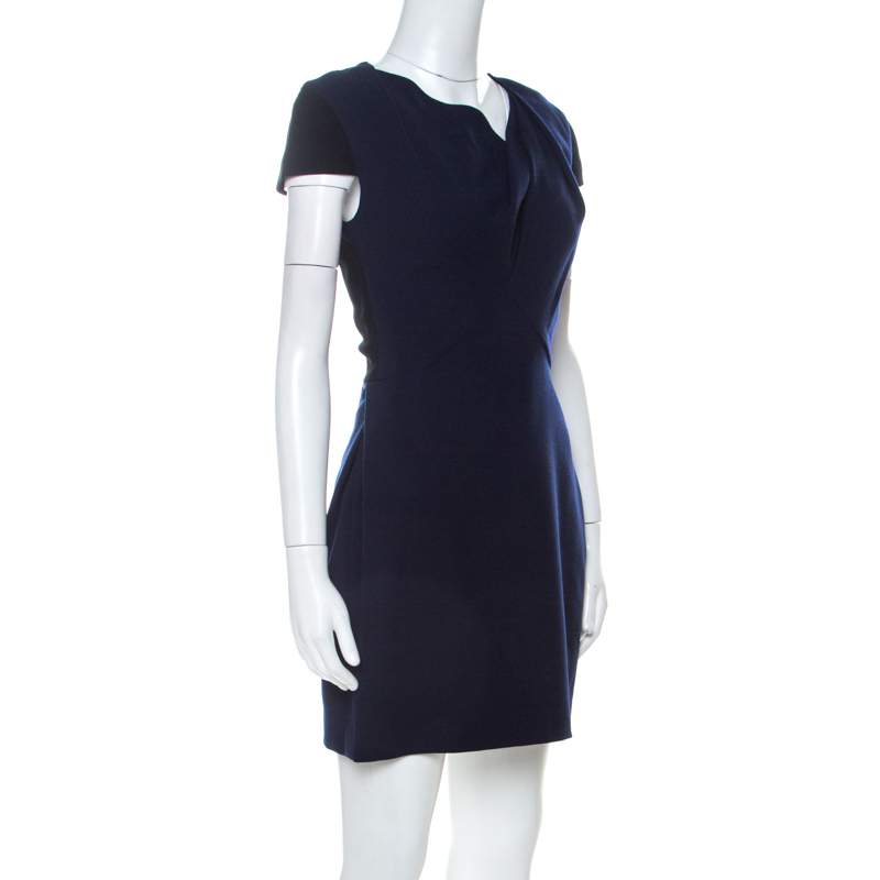 

Roland Mouret Navy Blue & Black Wool Blend Draped Neck Sheath Dress