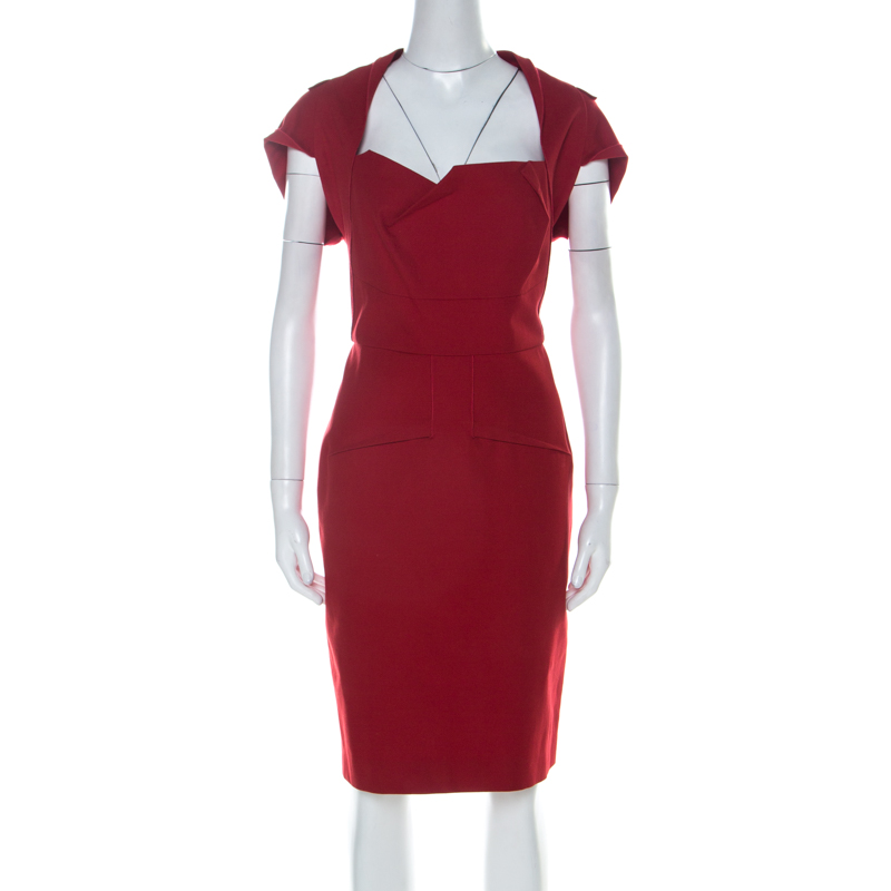 Roland Mouret Red Cotton Folded Shoulder Myrtha Sheath Dress L Roland ...