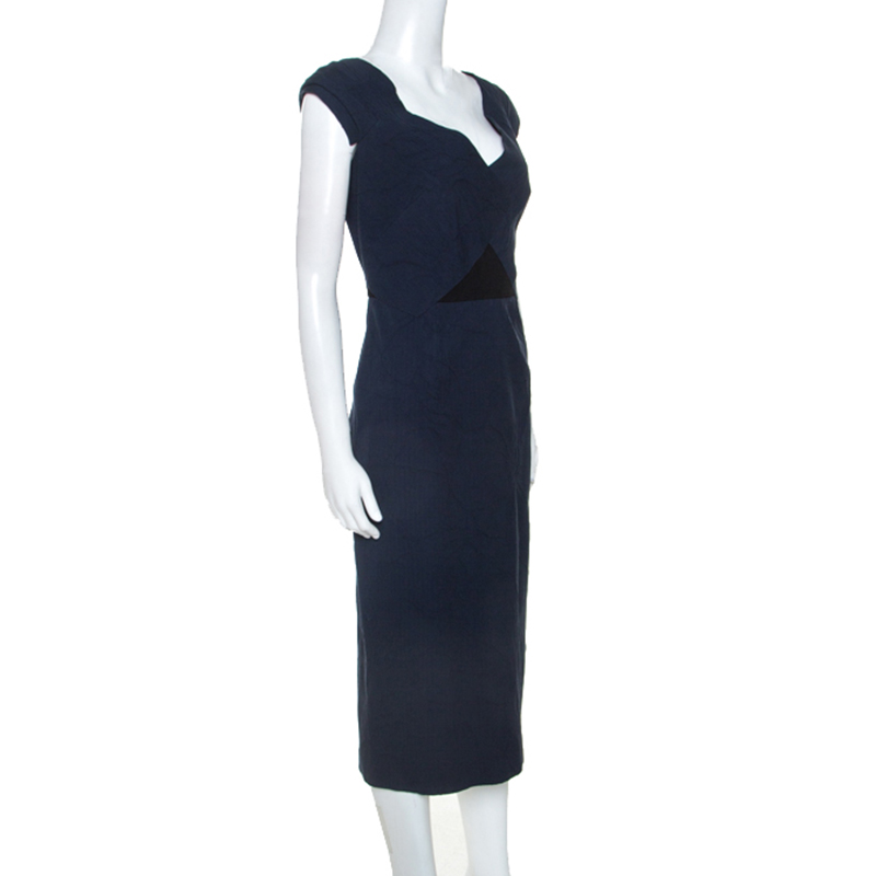 

Roland Mouret Navy Blue Floral Waffle Cotton Grendon Dress