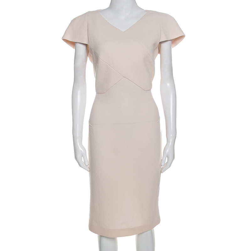 Pre Owned Roland Mouret Cream Wool Crepe Short Sleeve Tourney Dress L