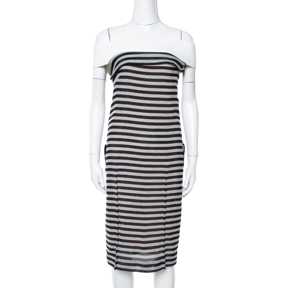 

Roland Mouret Monochrome Striped Cotton Basketweave Layan Dress M, Black