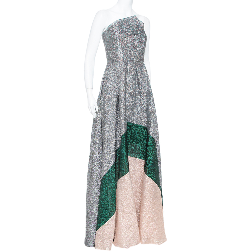 

Roland Mouret Silver Crushed Organza Silk Panelled Strapless Lucia Gown