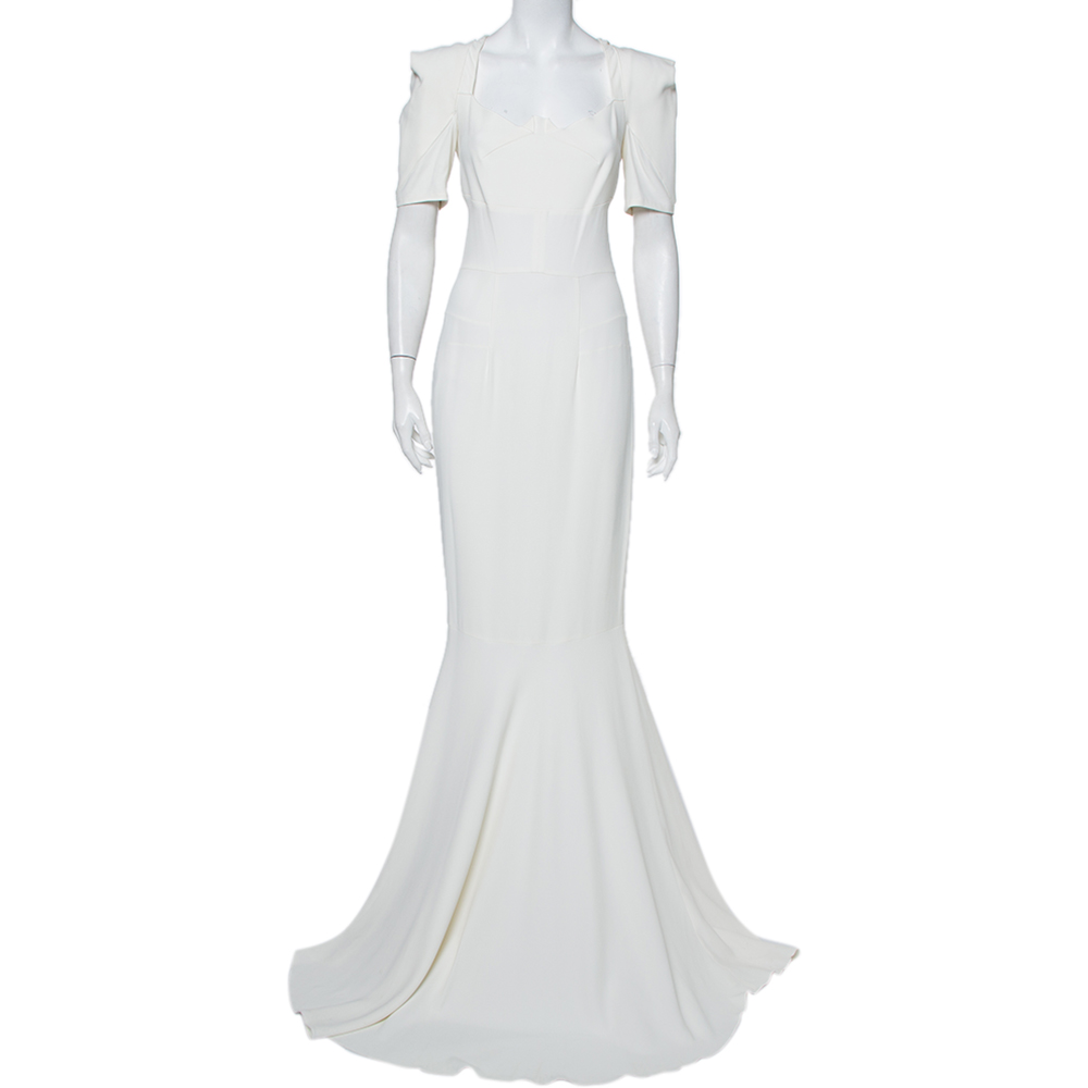 Pre-owned Roland Mouret White Crepe Paneled Detail Fitted Jansen Gown L
