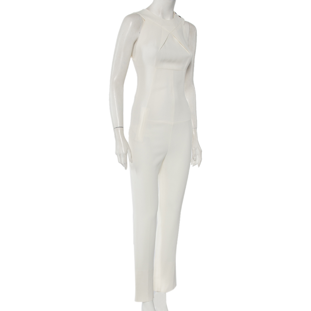 

Roland Mouret White Crepe Draped Neck Shoulder Button Jumpsuit