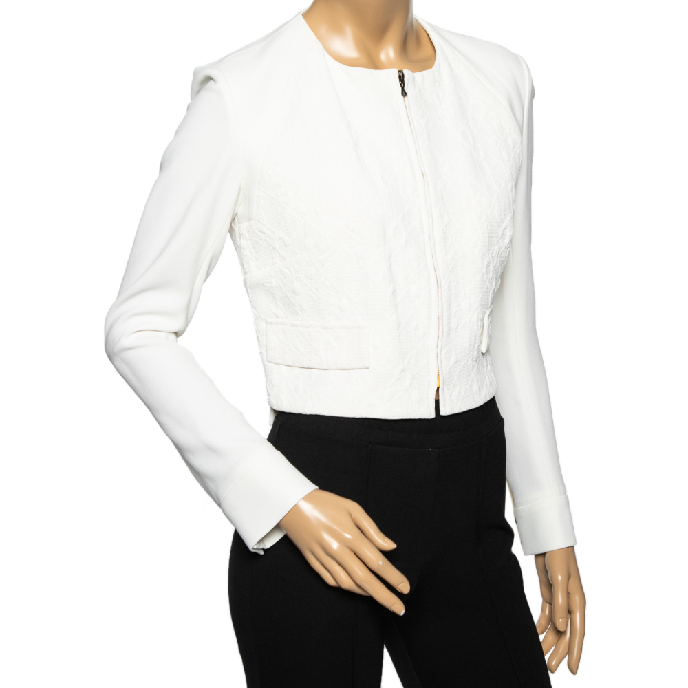 

Roland Mouret White Pattern Paneled Crepe Zip Front Jacket