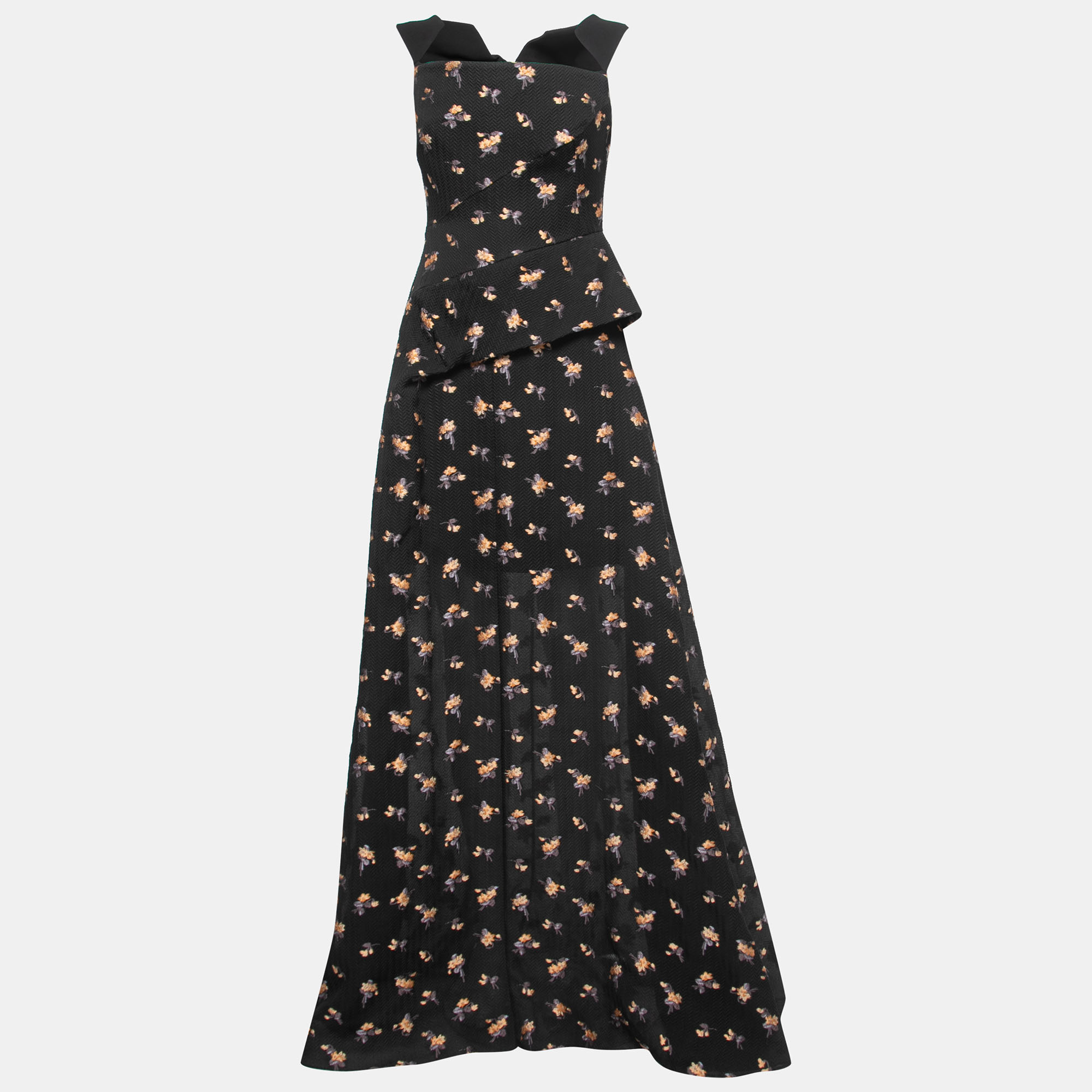 

Roland Mouret Black Floral Textured Silk off Shoulder Heddon Gown