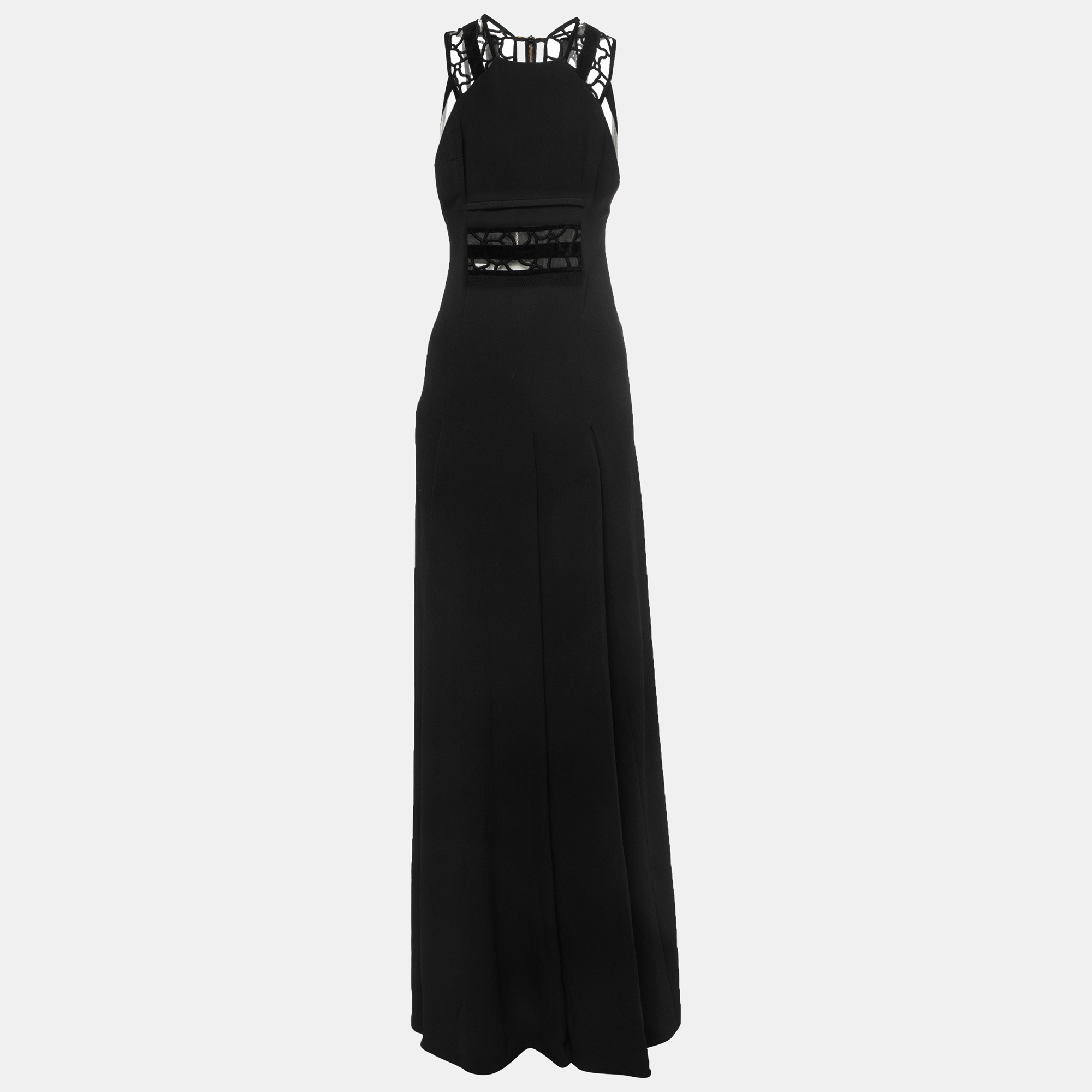Pre-owned Roland Mouret Black Crepe Lace Inset Vasall Long Dress S