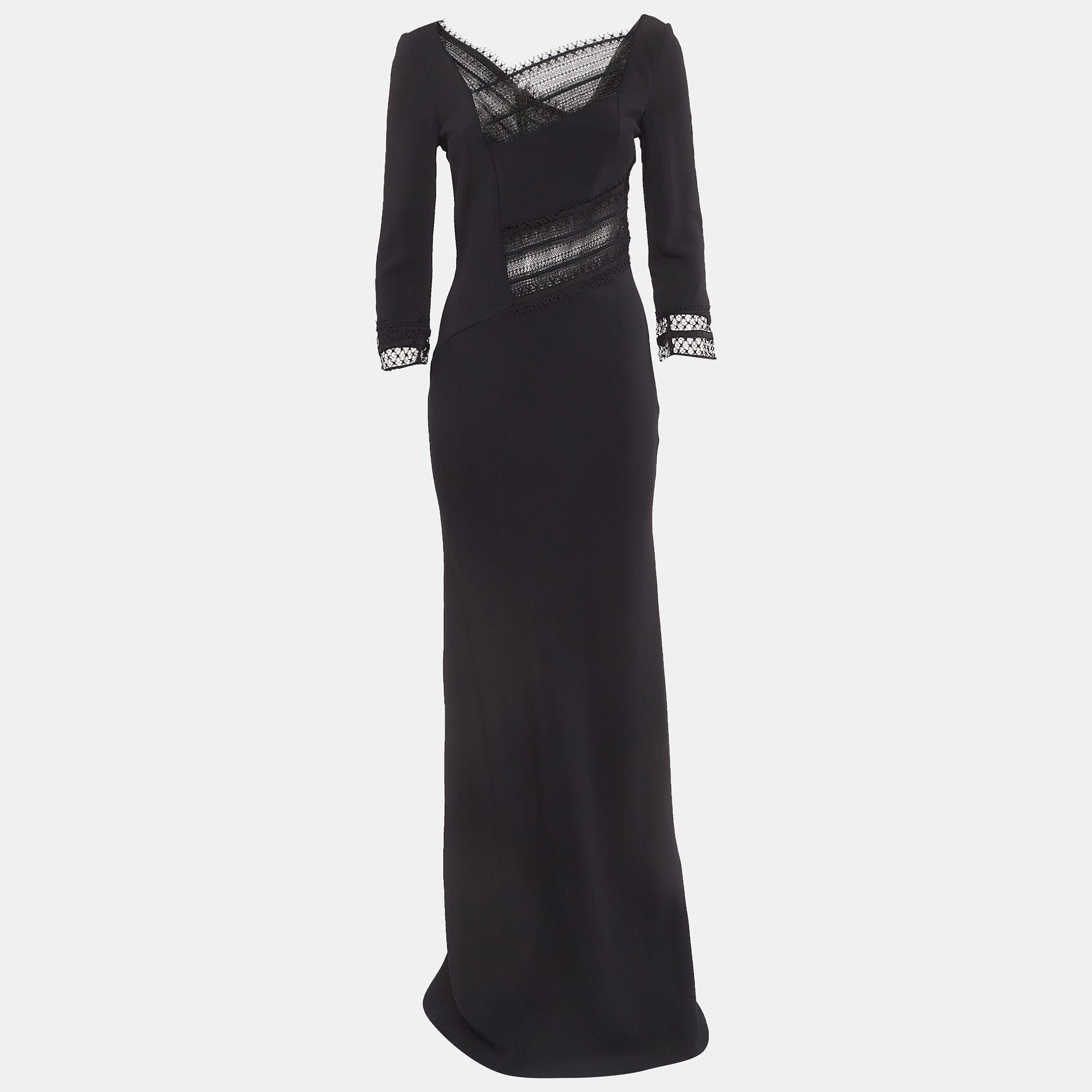 Pre-owned Roland Mouret Black Lace Trim Crepe Long Sleeve Maxi Dress M