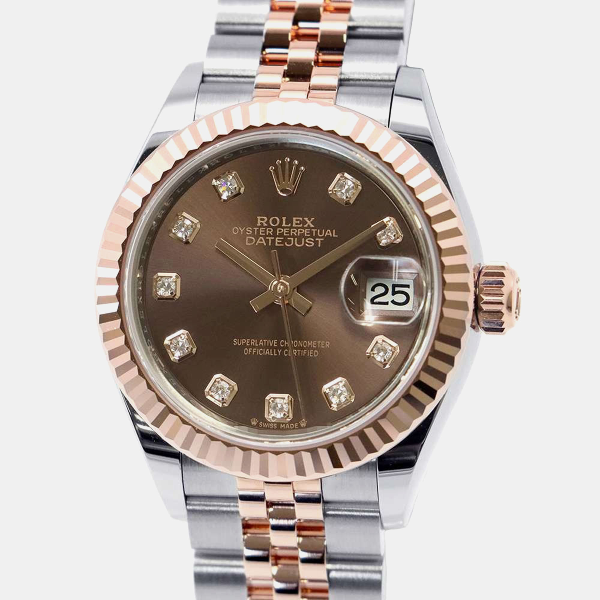 Pre-owned Rolex Brown Diamond 18k Rose Gold Stainless Steel Datejust Automatic Women's Wristwatch 28 Mm