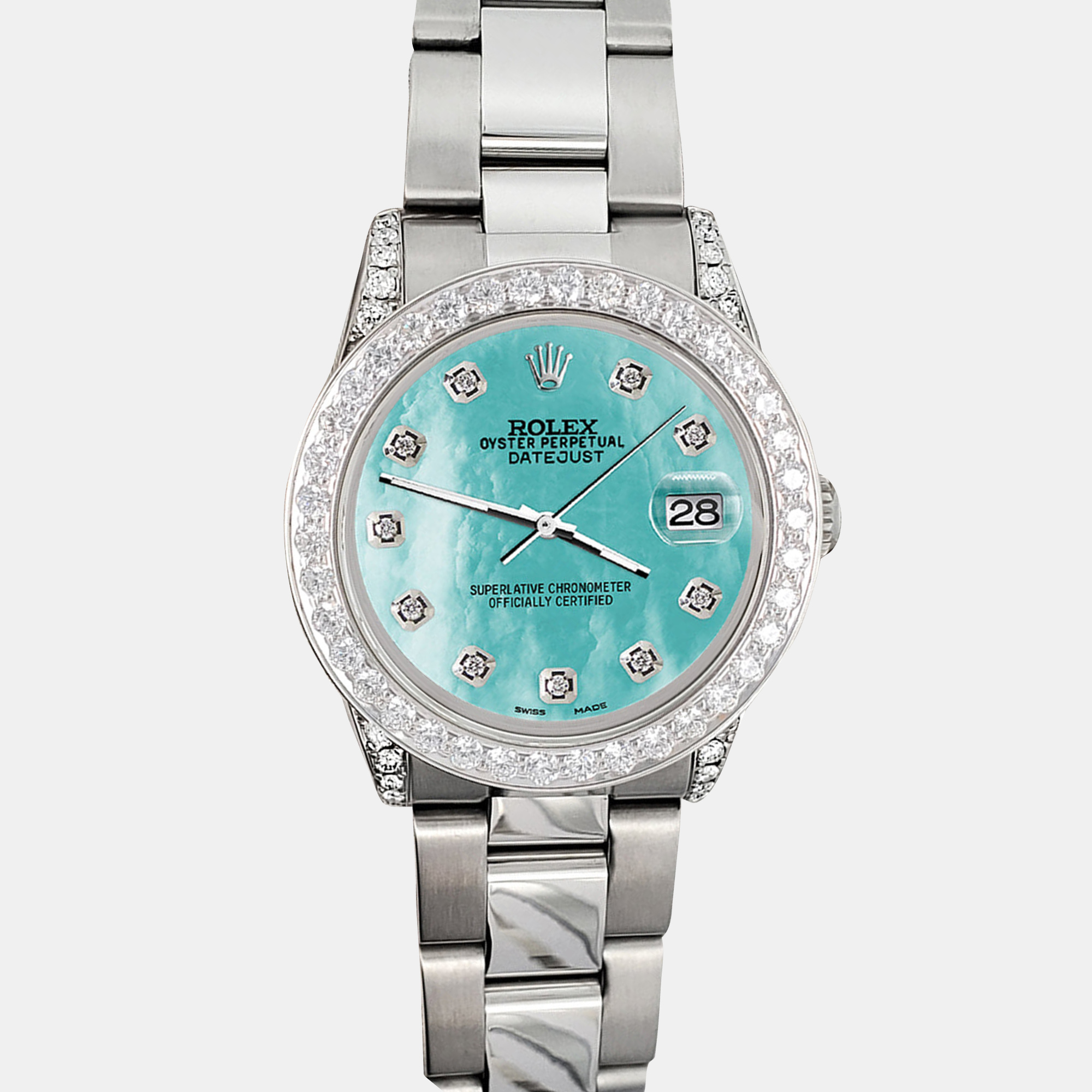 

Rolex 2.1ct diamond bezel lugs aquarium blue dial steel oyster datejust midsize Wristwatch