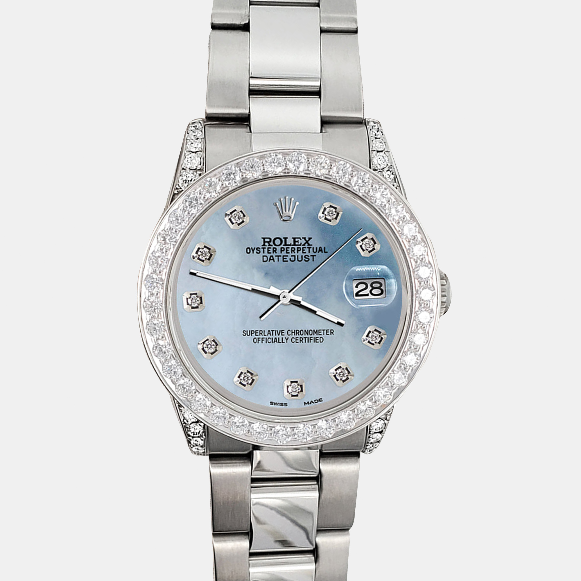 

Rolex 2.1ct diamond bezel lugs sky blue mop dial steel oyster datejust midsize Wristwatch