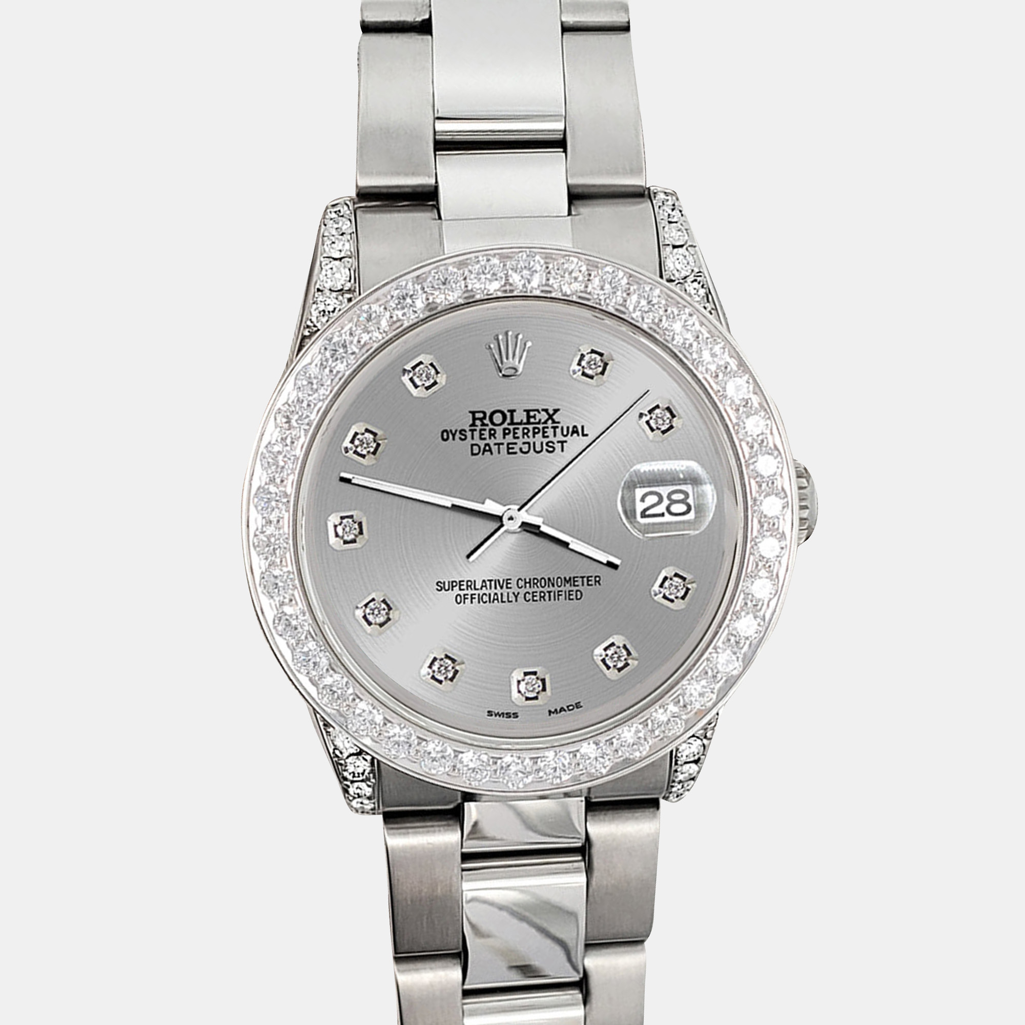 

Rolex Custom Silver 2.1ct Diamonds Stainless Steel Datejust Automatic Women's Wristwatch