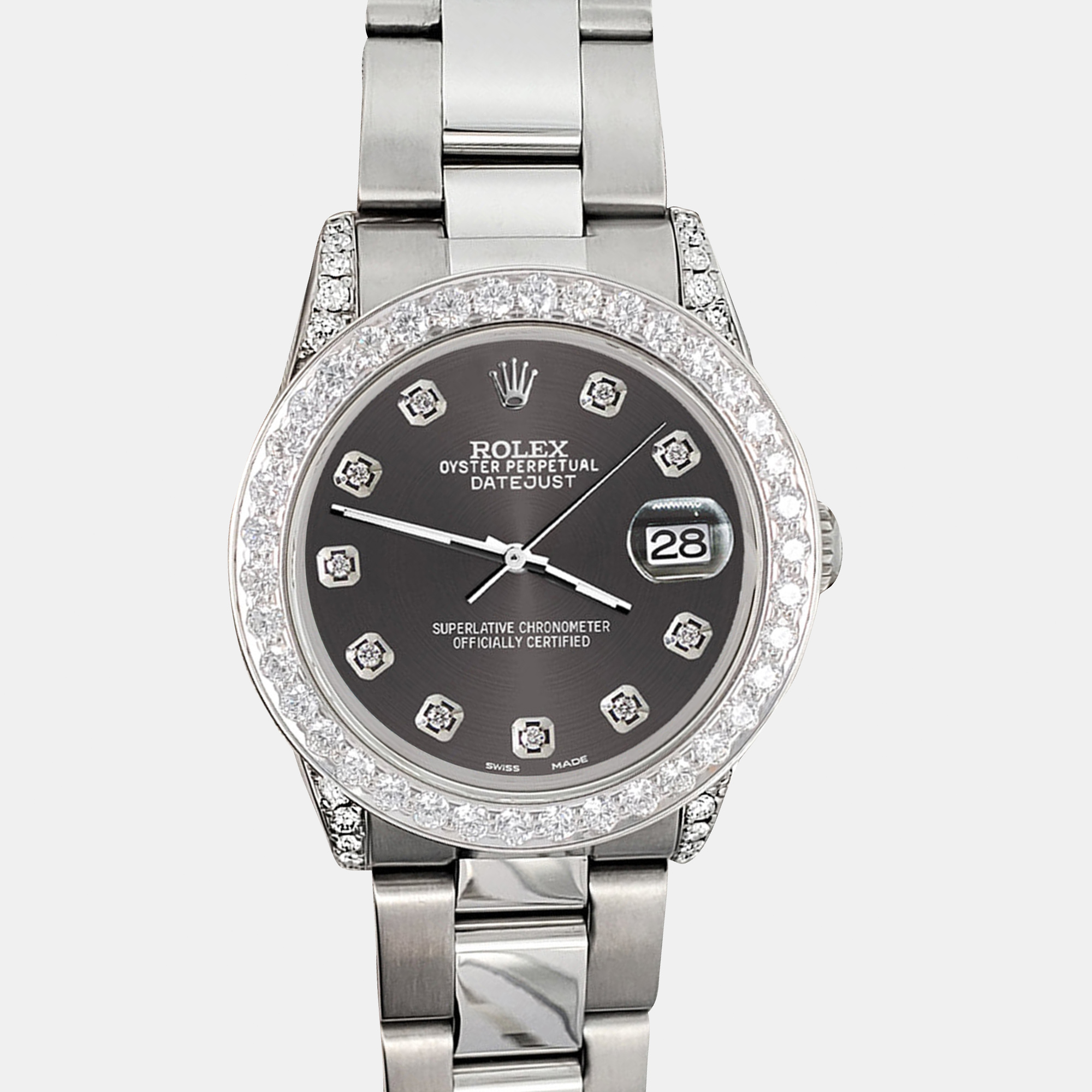 

Rolex 2.1ct diamond bezel lugs rhodium gray dial steel oyster datejust midsize Wristwatch, Grey