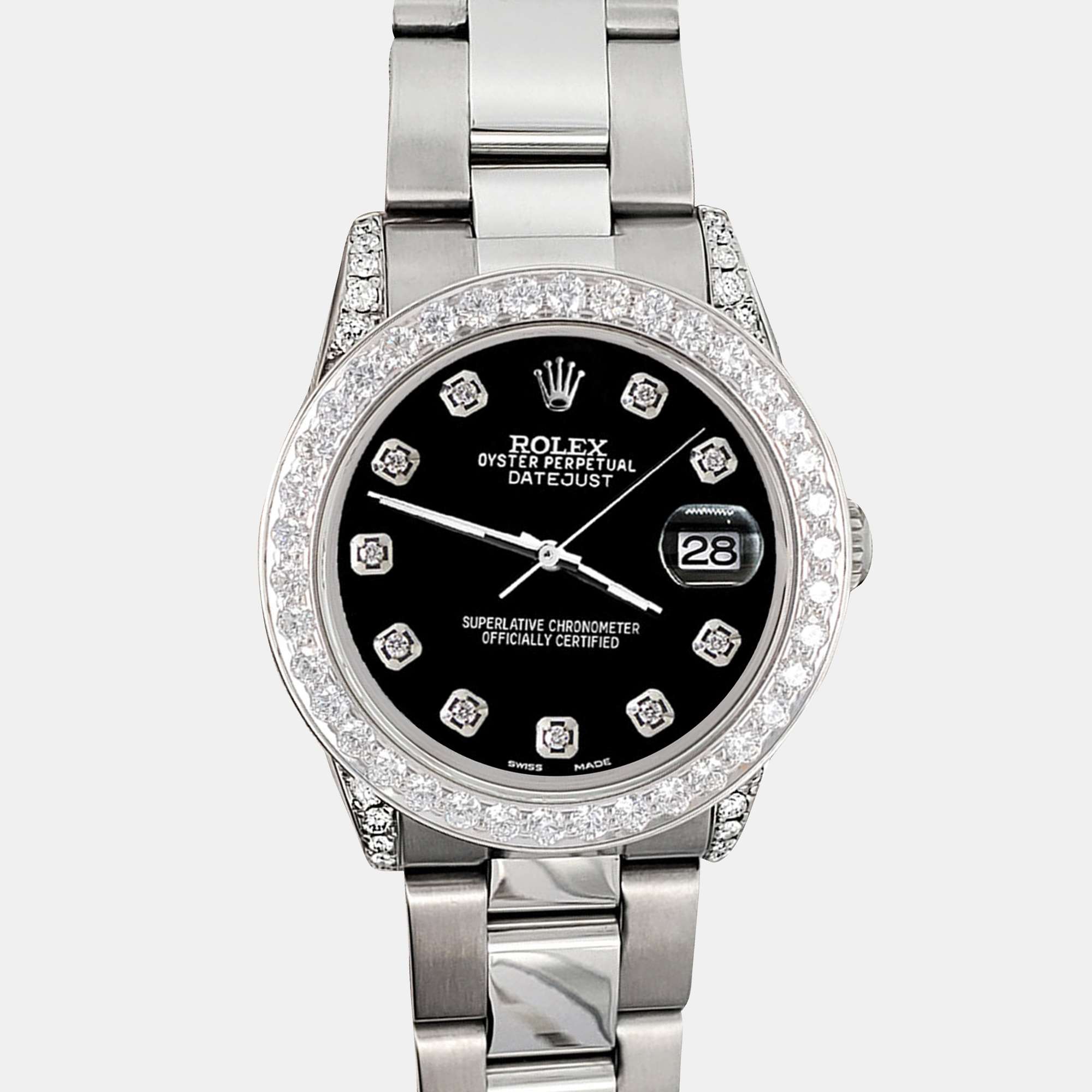 

Rolex 2.1ct diamond bezel lugs black dial steel oyster datejust midsize Wristwatch