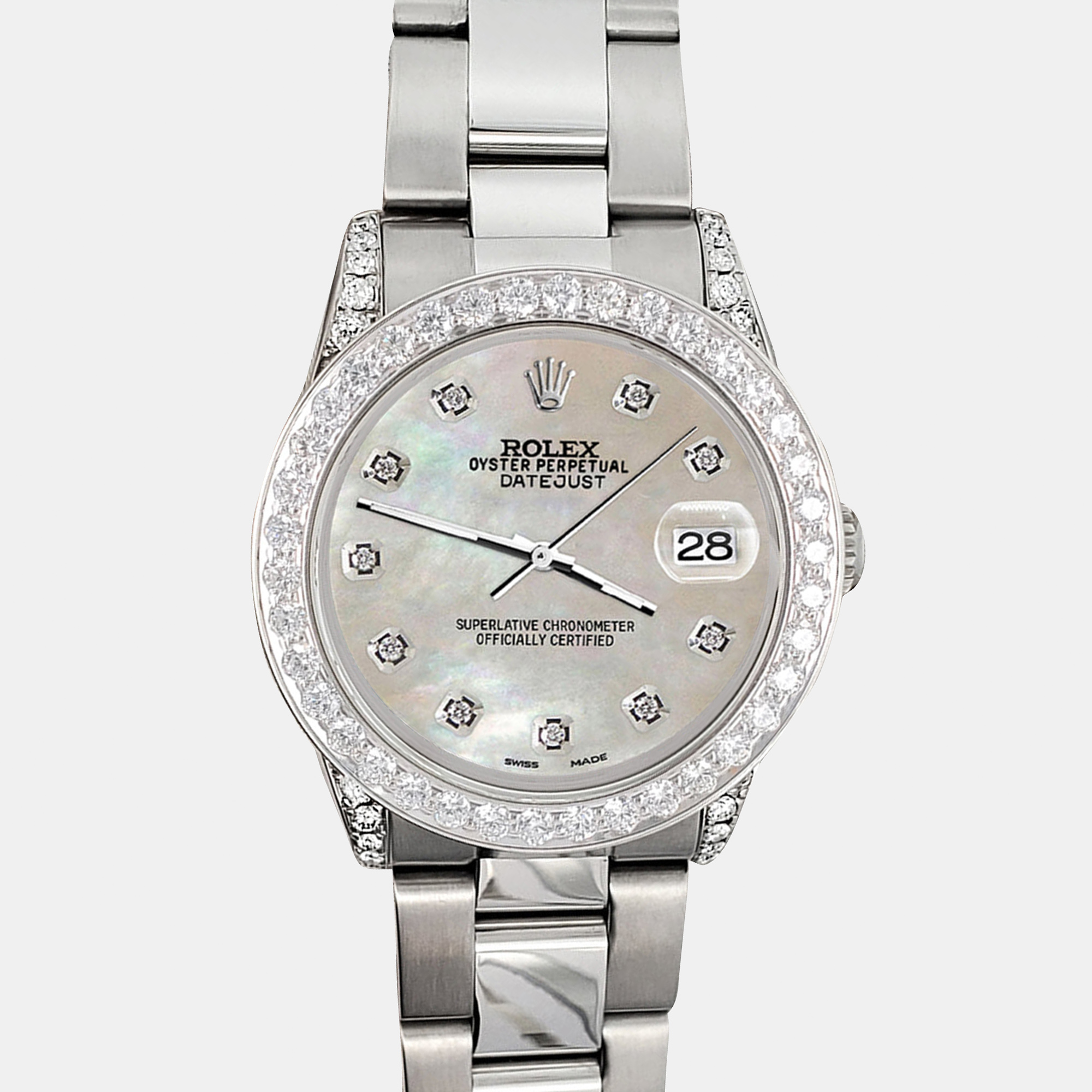 

Rolex 2.1ct diamond bezel lugs champagne mop dial steel oyster datejust midsize Wristwatch, Silver