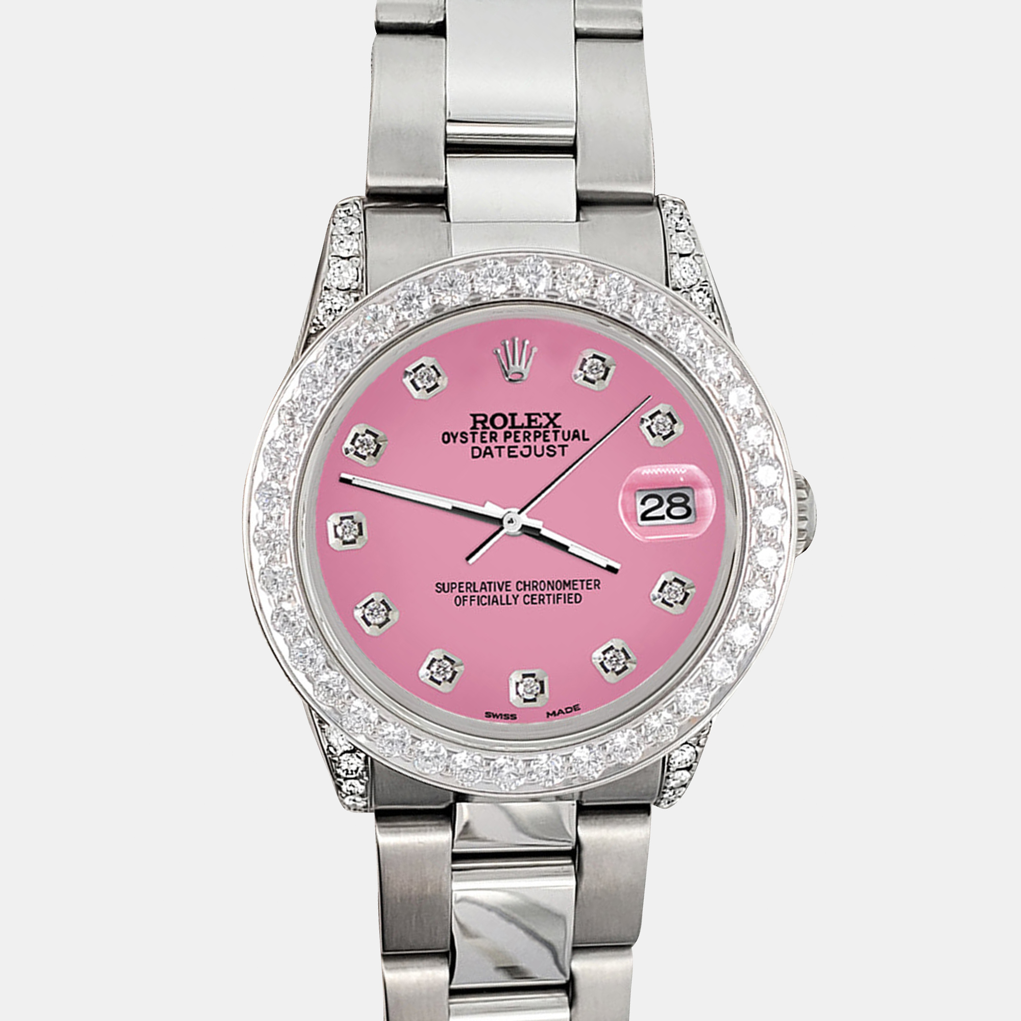 

Rolex 2.1ct diamond bezel lugs hot pink dial steel oyster datejust midsize Wristwatch