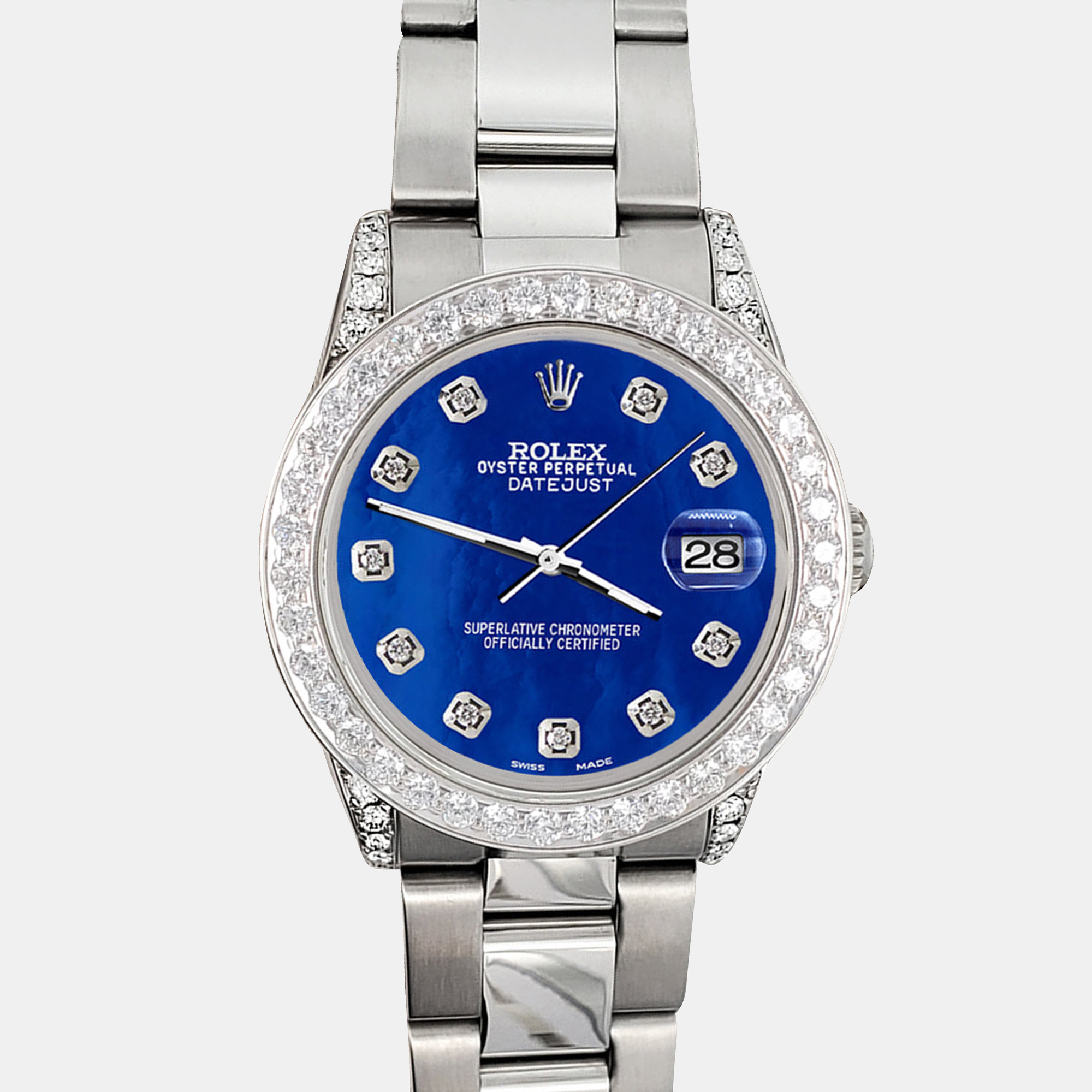 

Rolex 2.1ct bezel lugs royal blue mop diamond dial steel oyster datejust midsize Wristwatch