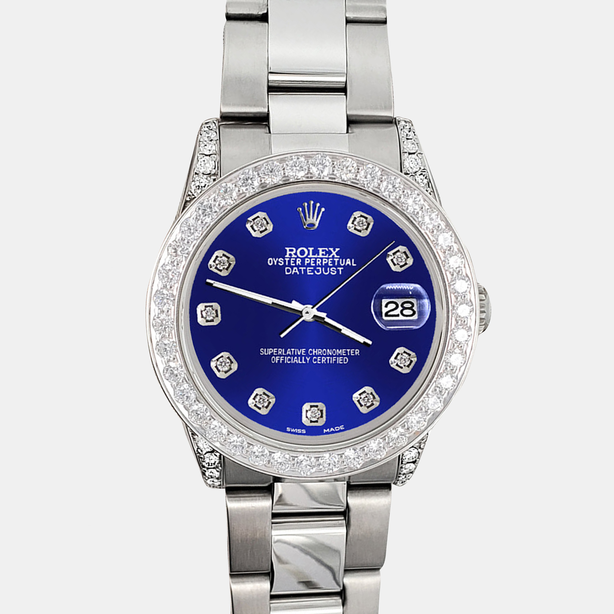 

Rolex 2.1ct bezel lugs navy blue diamond dial steel oyster datejust midsize Wristwatch