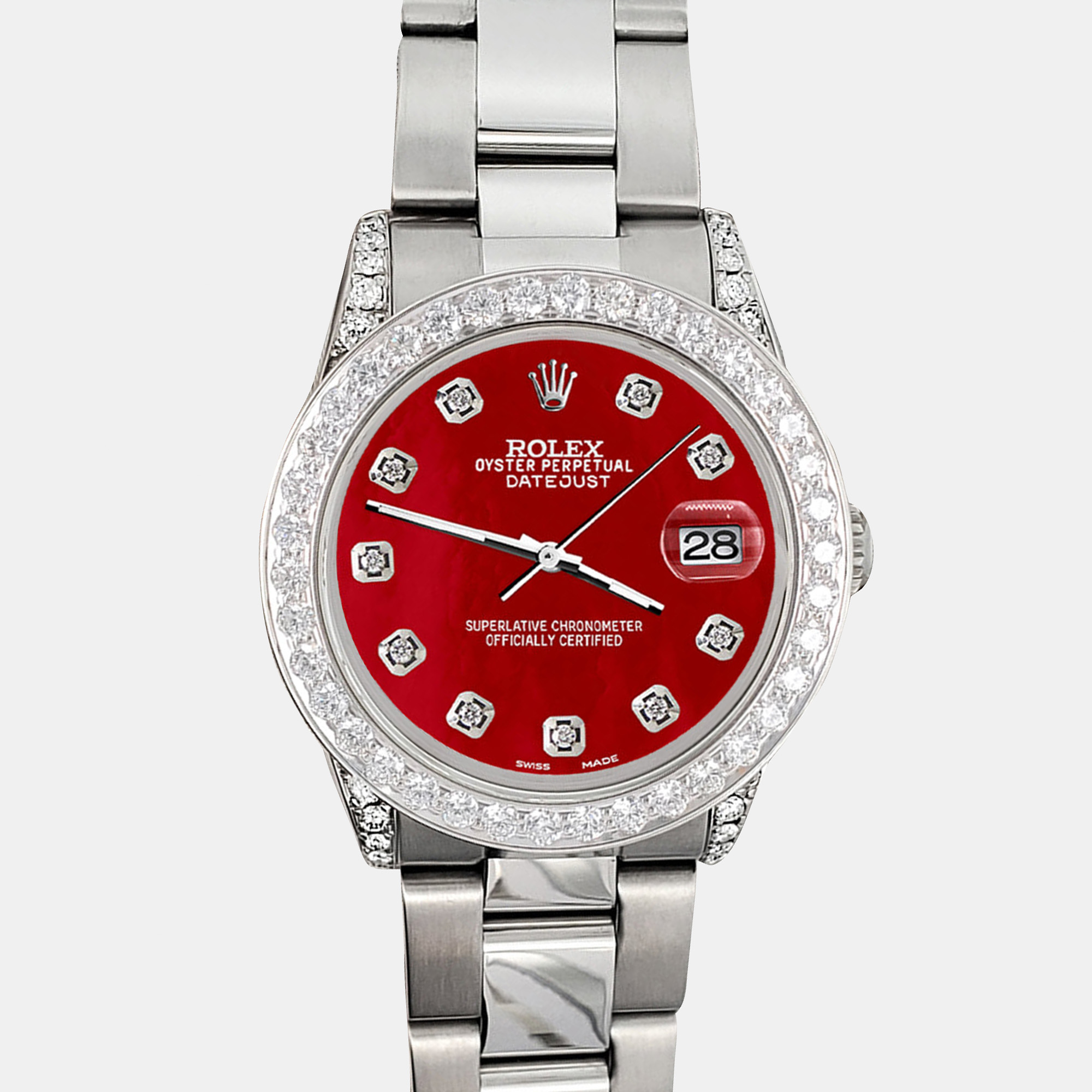 

Rolex 2.1ct bezel lugs red mop diamond dial steel oyster datejust midsize Wristwatch