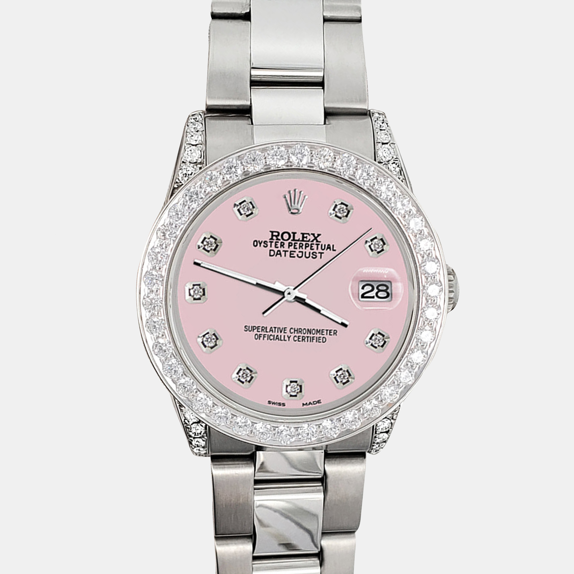 

Rolex 2.1ct bezel lugs ice pink diamond dial steel oyster datejust midsize Wristwatch