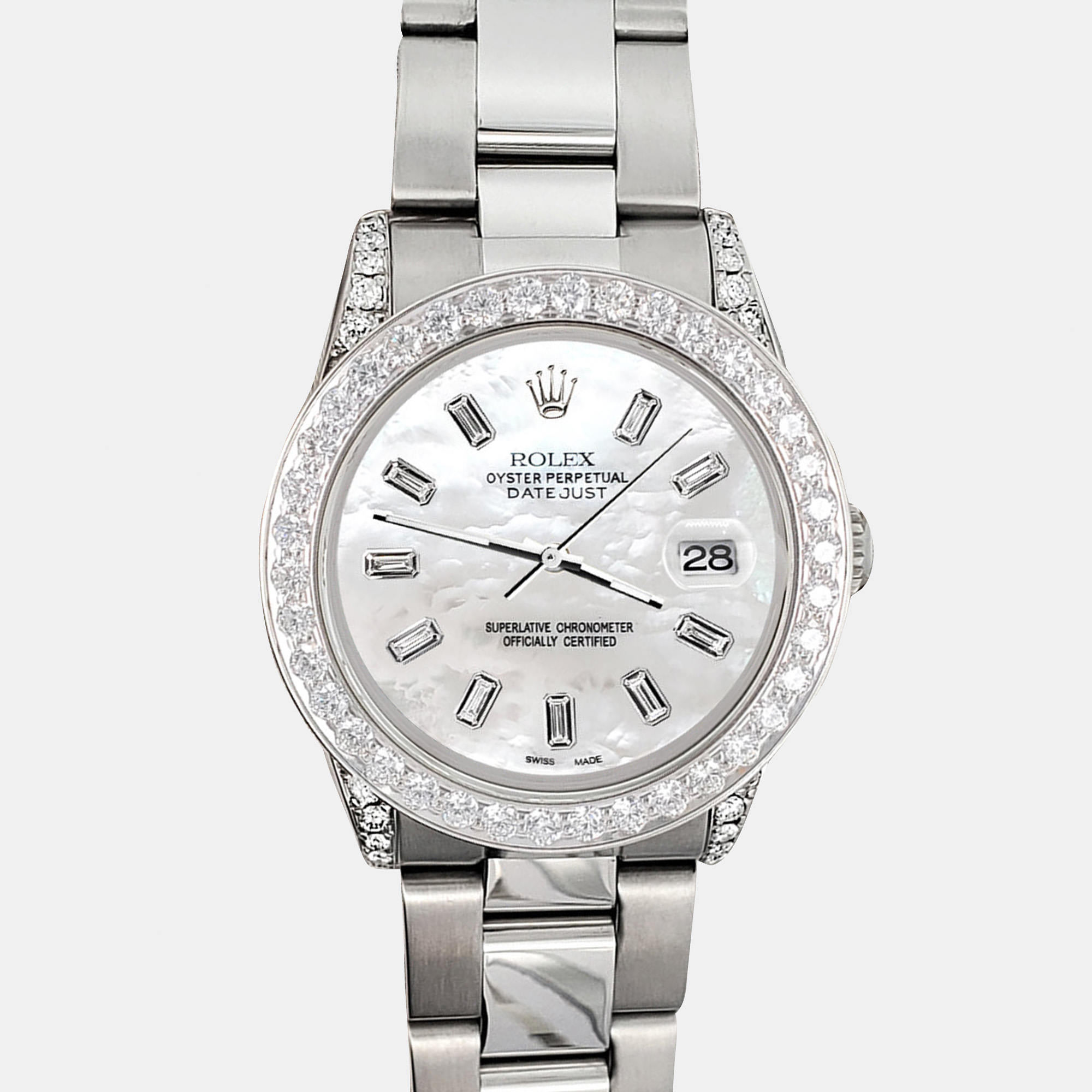 

Rolex 2.1ct bezel lugs white mop baguette diamond dial steel oyster datejust midsize Wristwatch, Silver