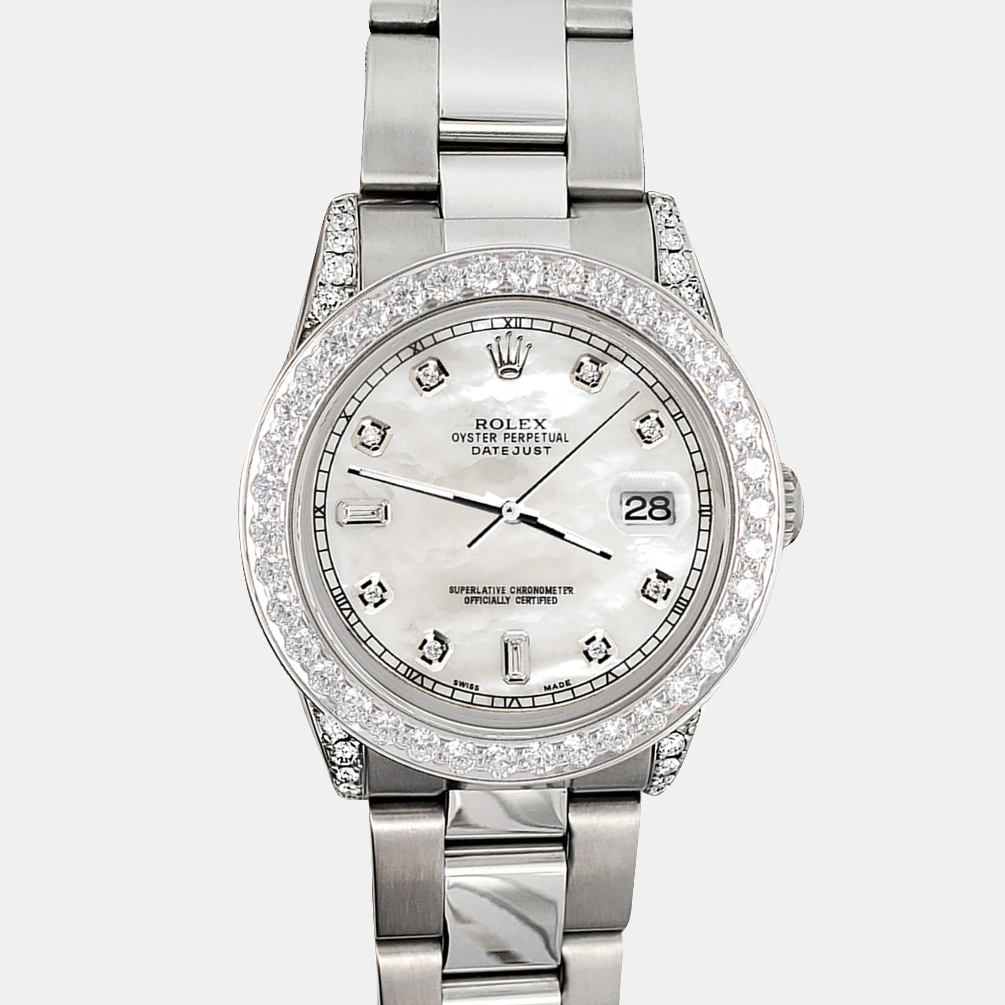 

Rolex 2.1ct bezel lugs white mop baguette diamond dial steel oyster datejust midsize Wristwatch, Silver