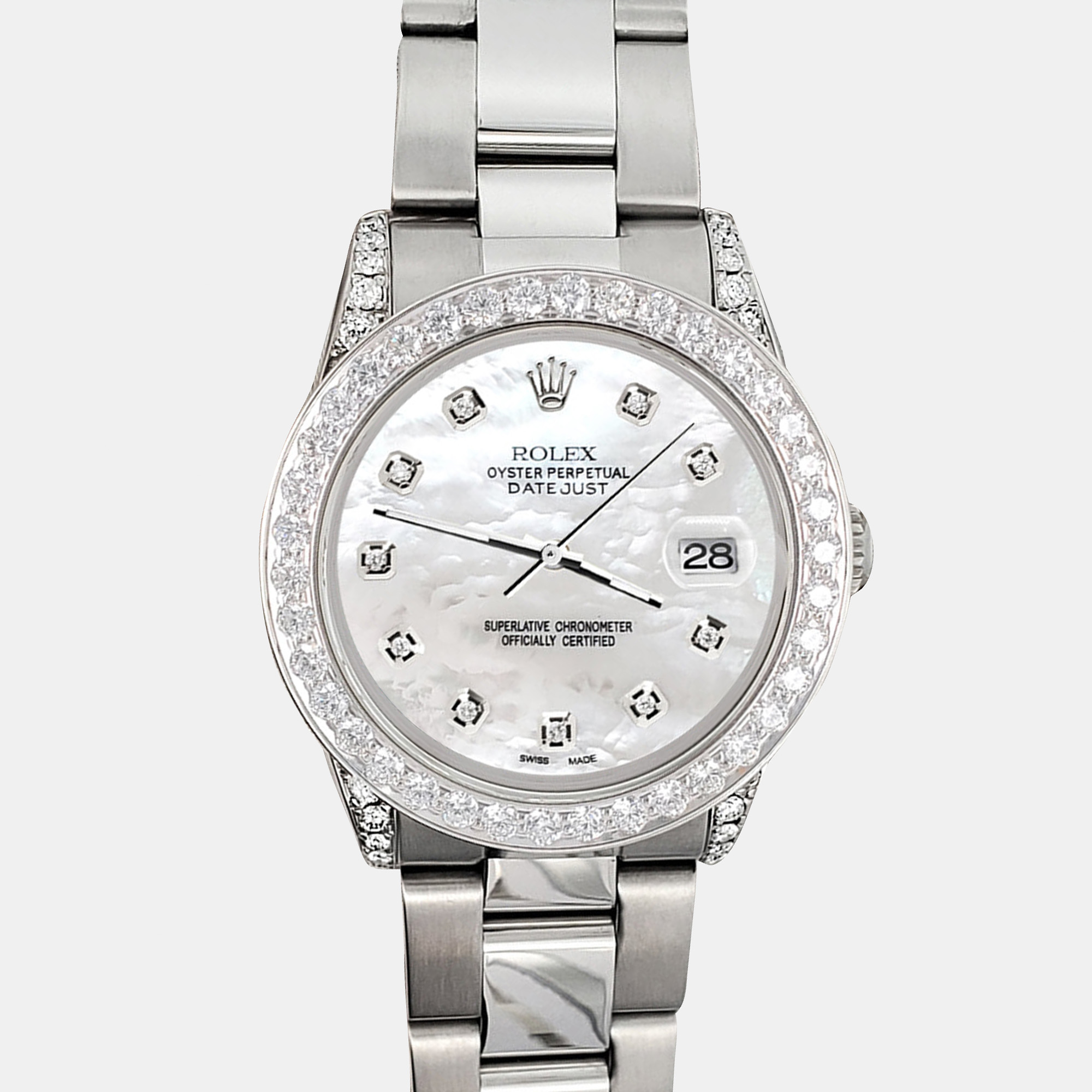 

Rolex 2.1ct bezel lugs white mop diamond dial steel oyster datejust midsize Wristwatch, Silver