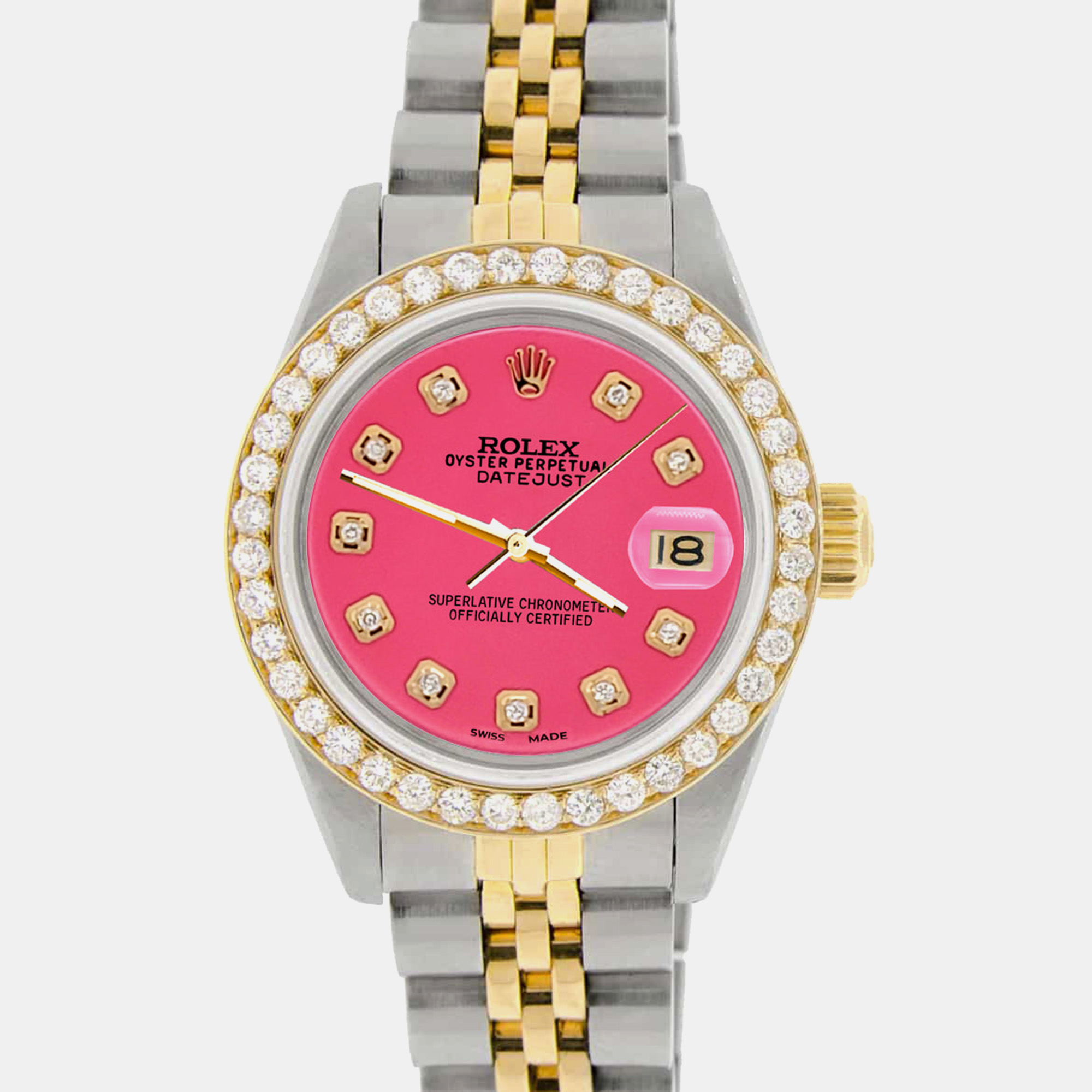 

Rolex 18k gold stainless steel neon pink diamond dial diamond bezel datejust Wristwatch