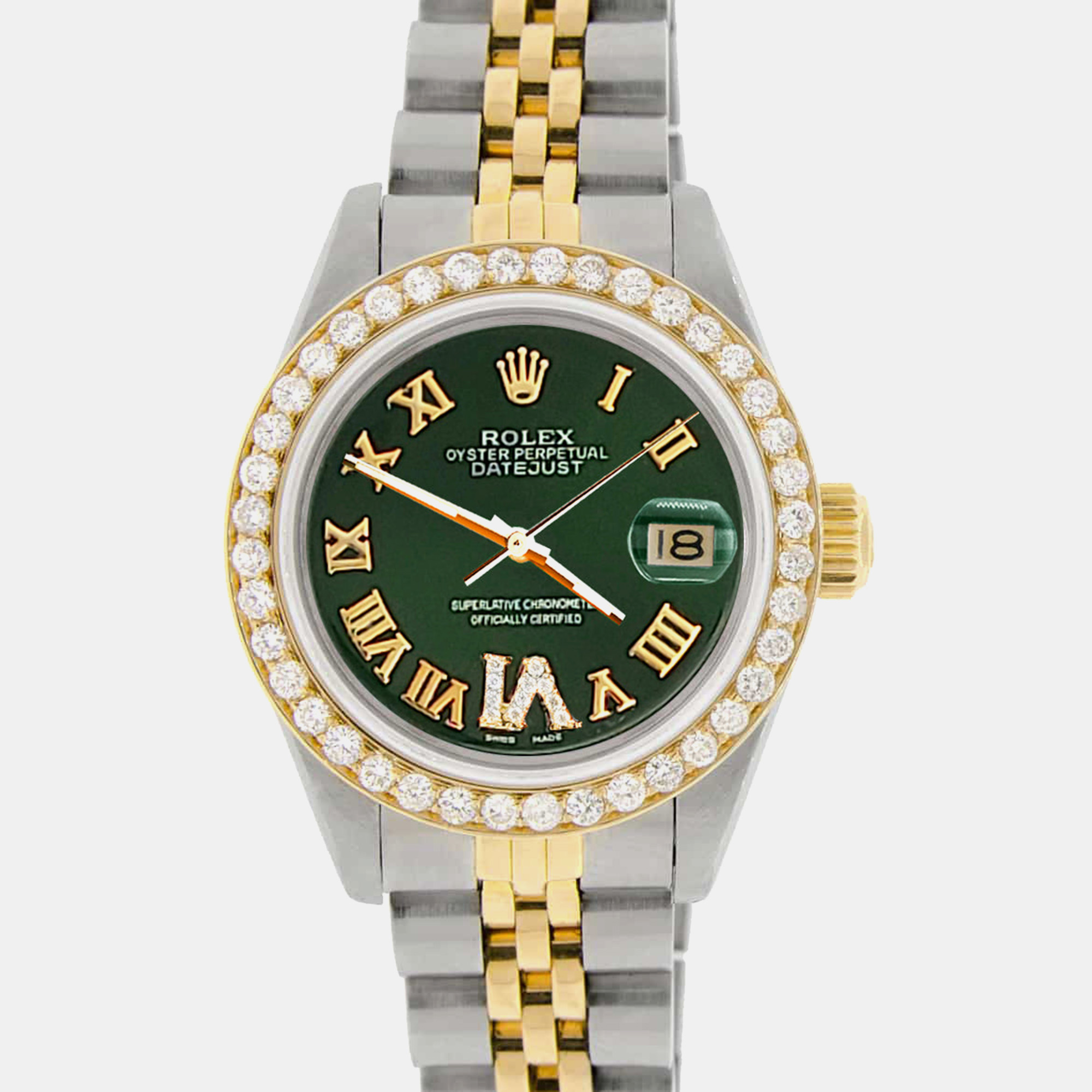 

Rolex 18k gold stainless steel dark green roman dial diamond bezel datejust Wristwatch