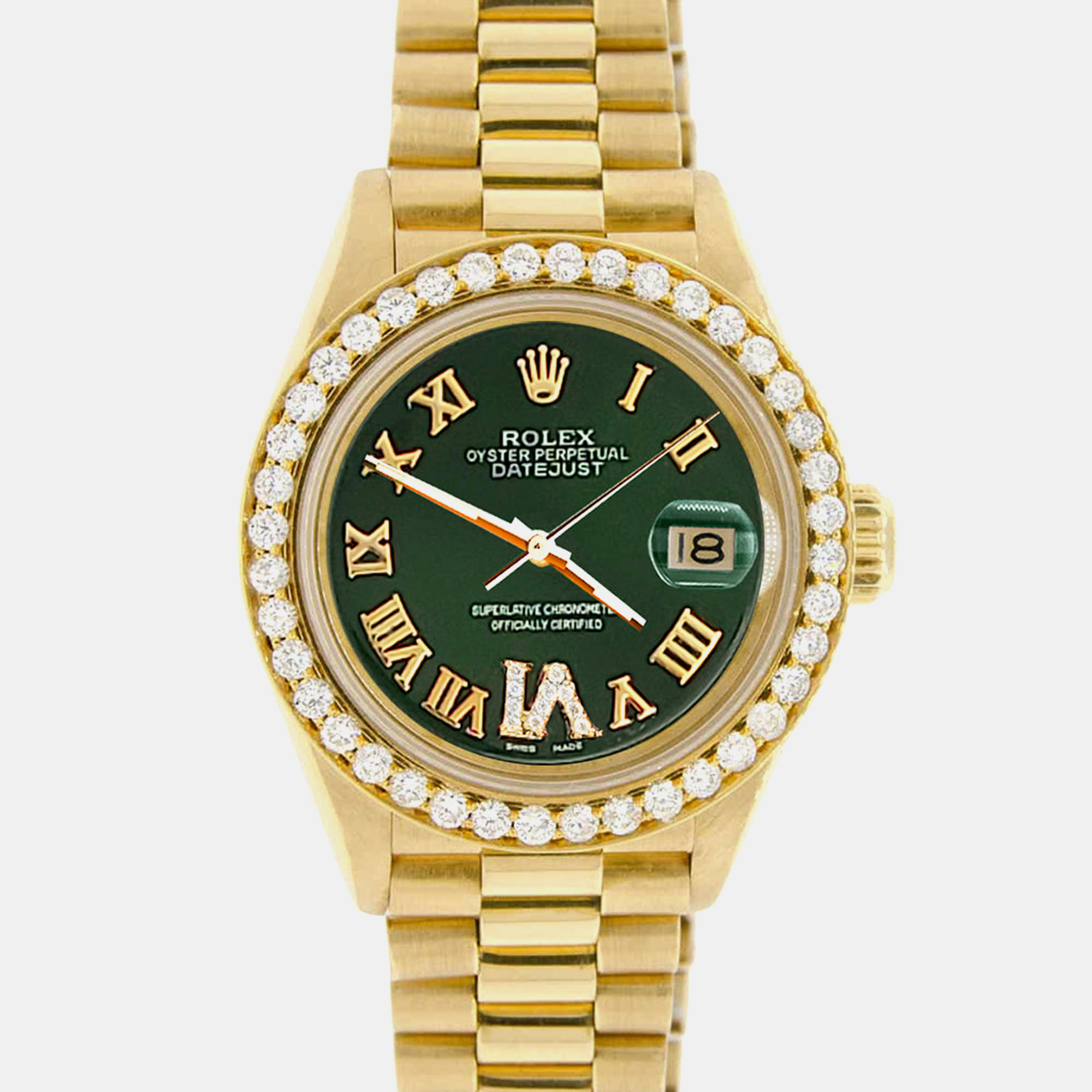 

Rolex Custom Green 18K Yellow Gold Stainless Steel Datejust Automatic Women's Wristwatch