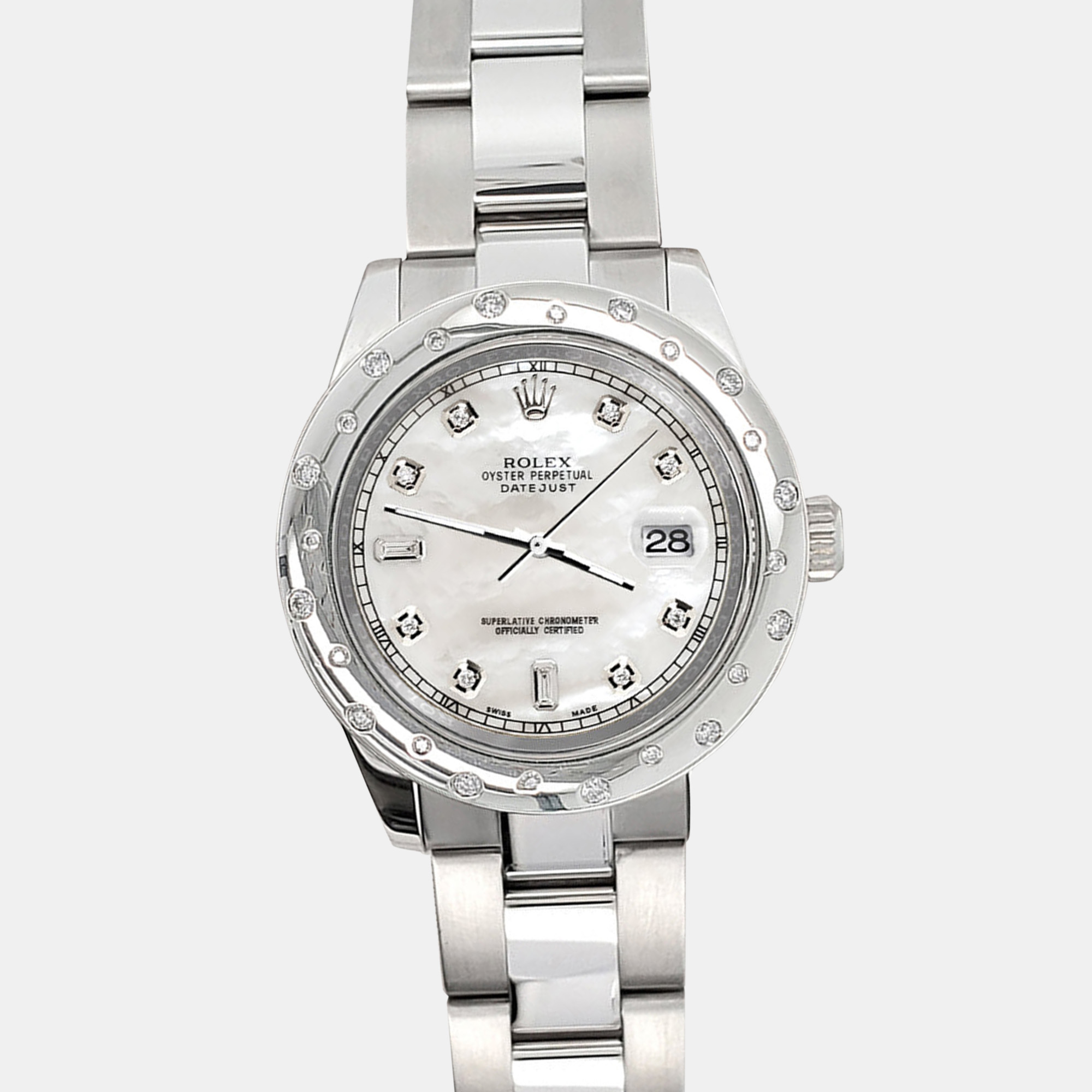 

Rolex white mop baguette dial domed 24 diamonds bezel 178240 datejust midsize Wristwatch, Silver