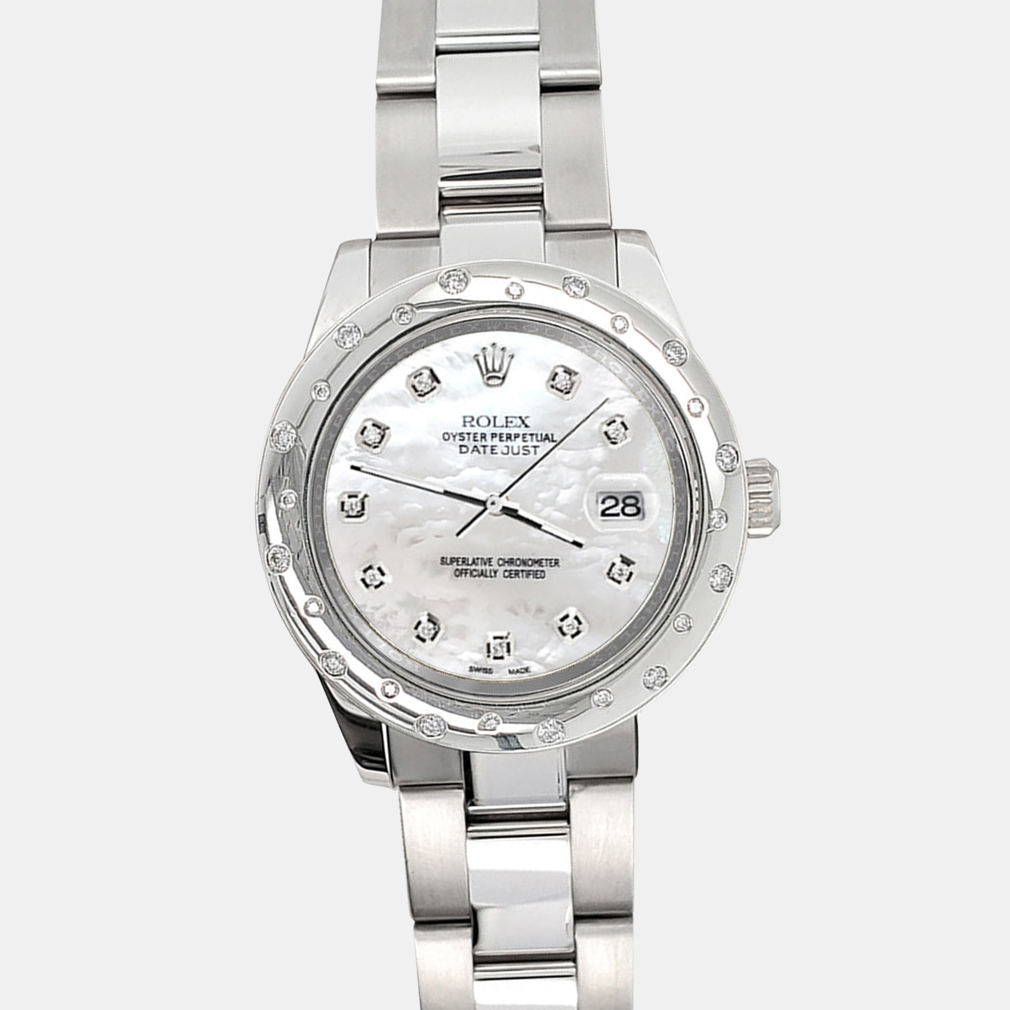 

Rolex white mop domed 24 diamonds bezel 178240 datejust midsize Wristwatch, Silver