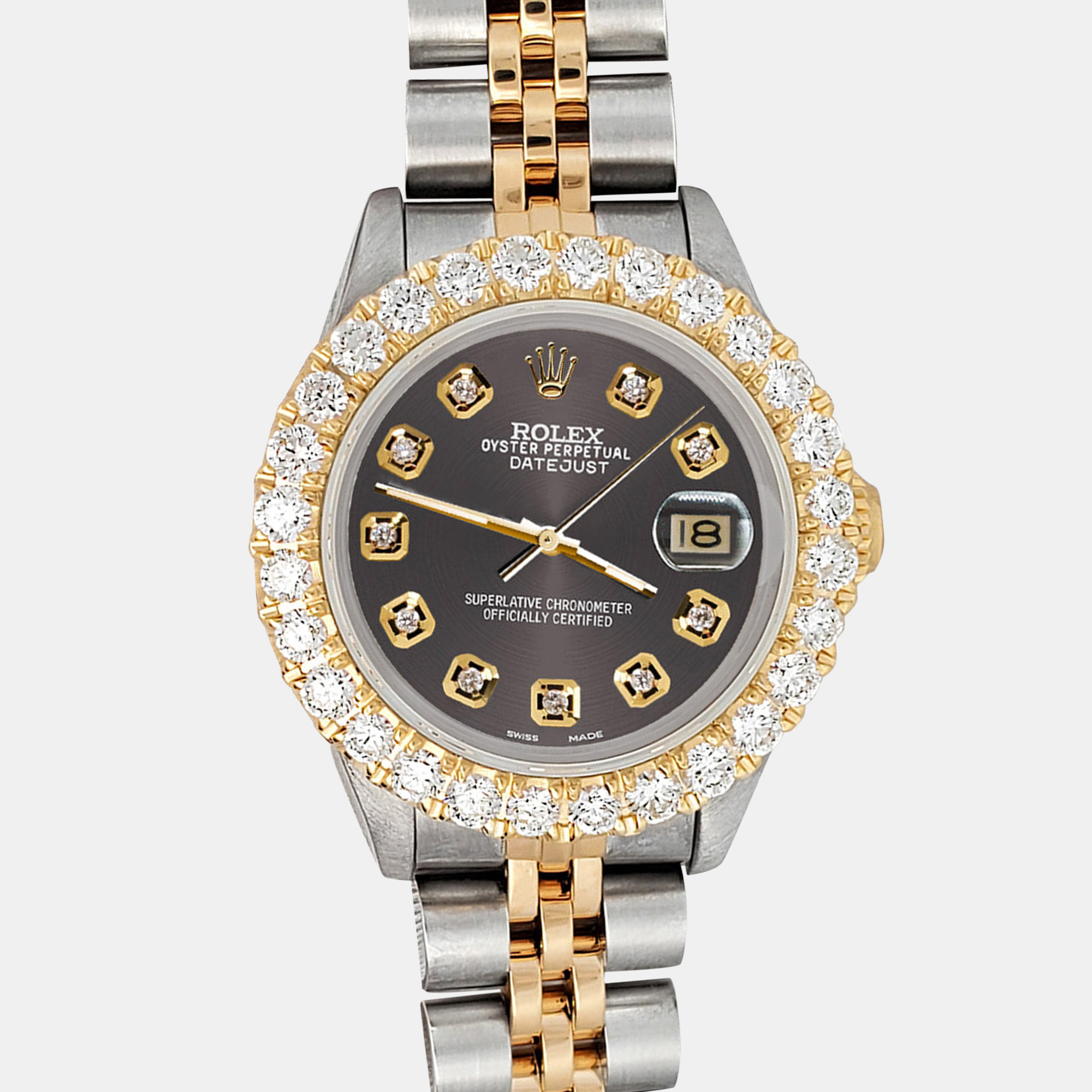 

Rolex Custom Rhodium Gray 1.96ct Diamonds 18K Yellow Gold Stainless Steel Datejust Automatic Women's Wristwatch, Grey