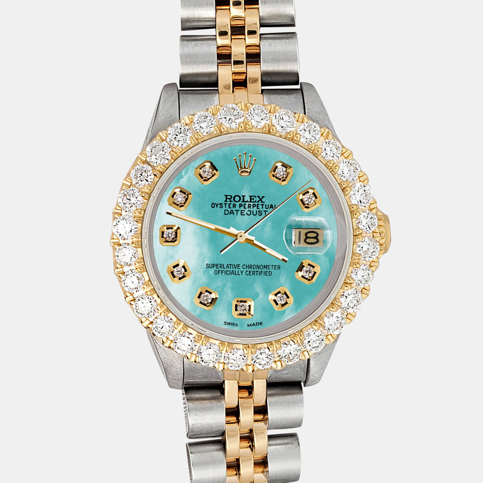 

Rolex Custom Aquamarine Blue 1.96ct Diamonds 18K Yellow Gold Stainless Steel Datejust Automatic Women's Wristwatch