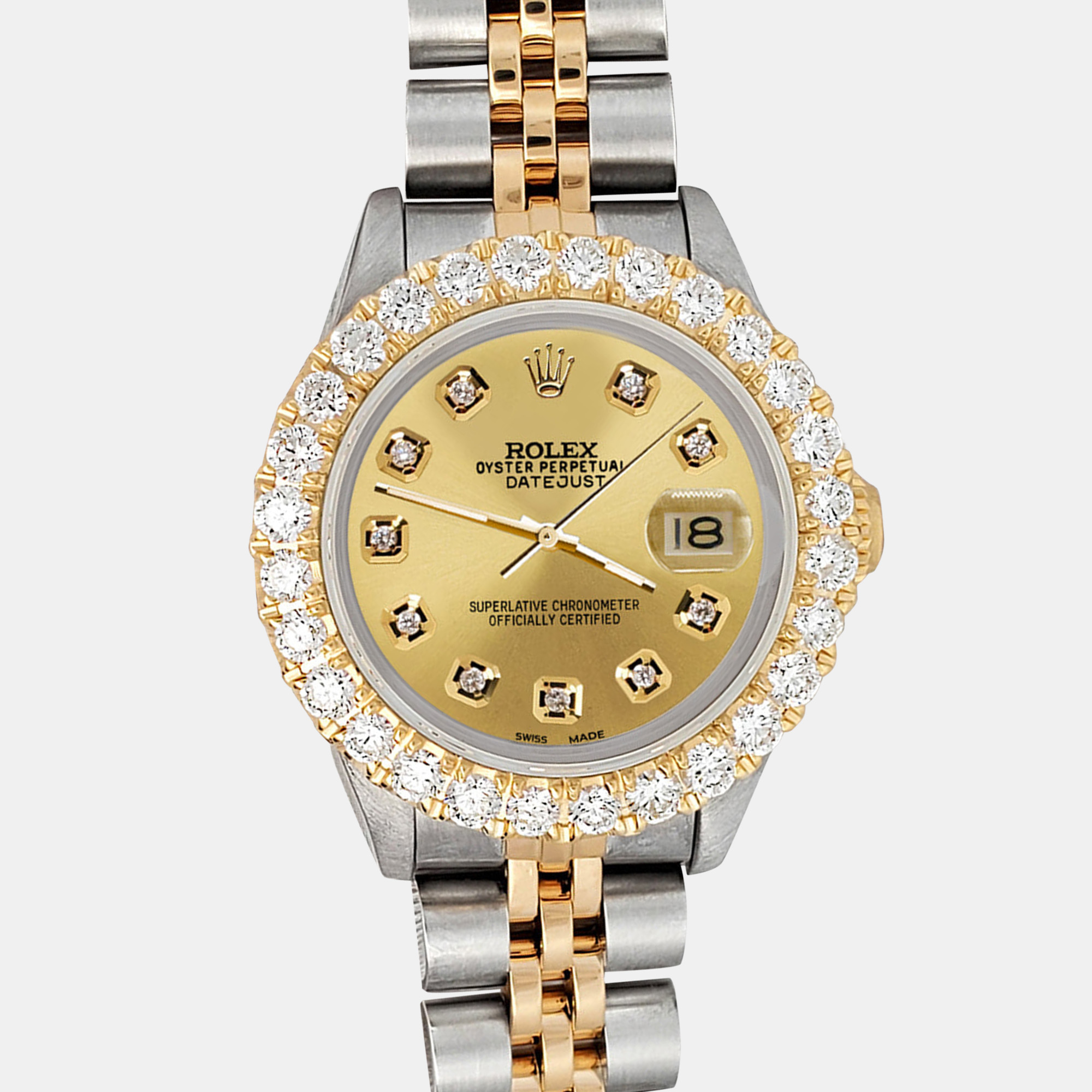 

Rolex Custom Champagne 1.96ct Diamonds 18K Yellow Gold Stainless Steel Datejust Automatic Women's Wristwatch