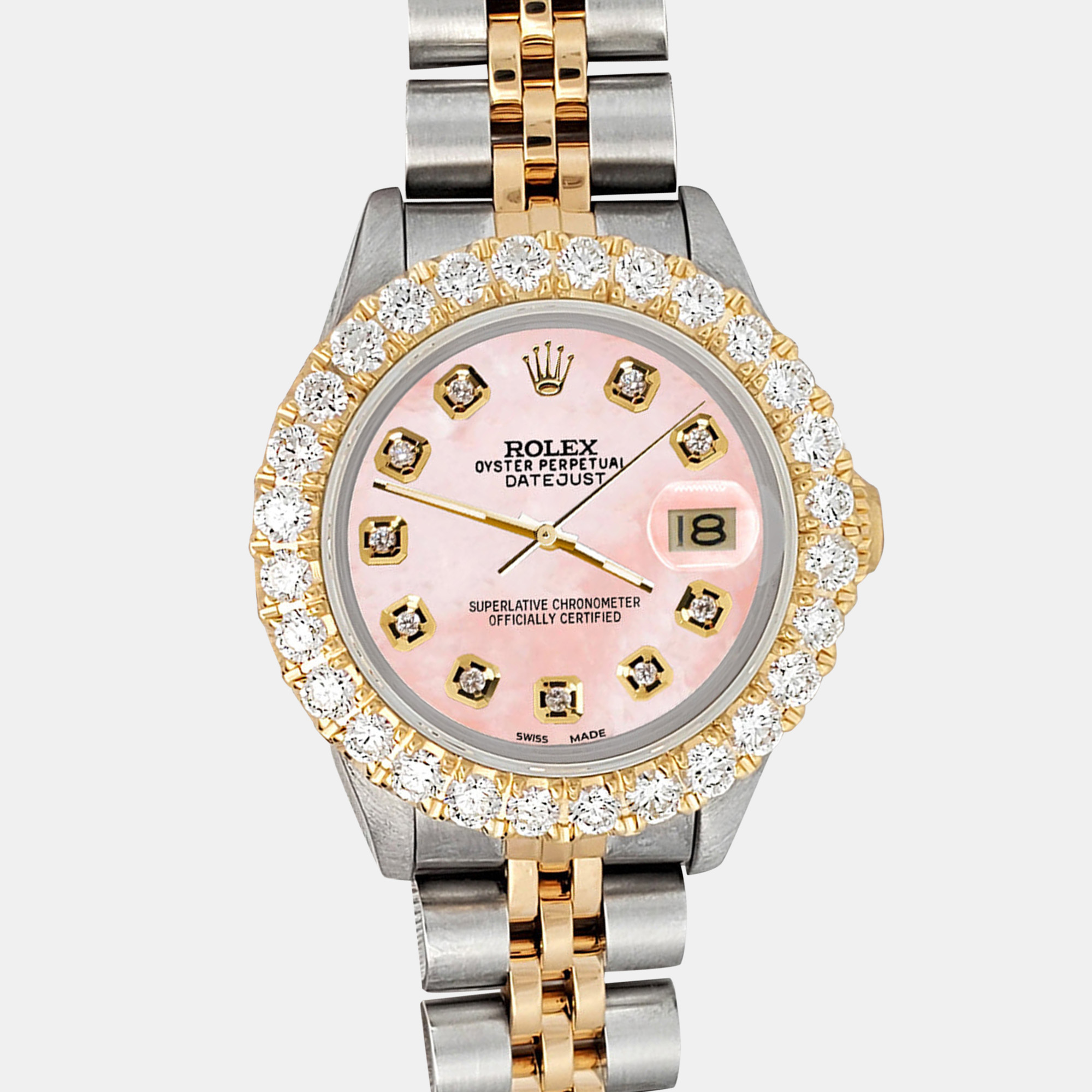 

Rolex Custom Pink 1.96ct Diamonds 18K Yellow Gold Stainless Steel President Datejust Automatic Women's Wristwatch