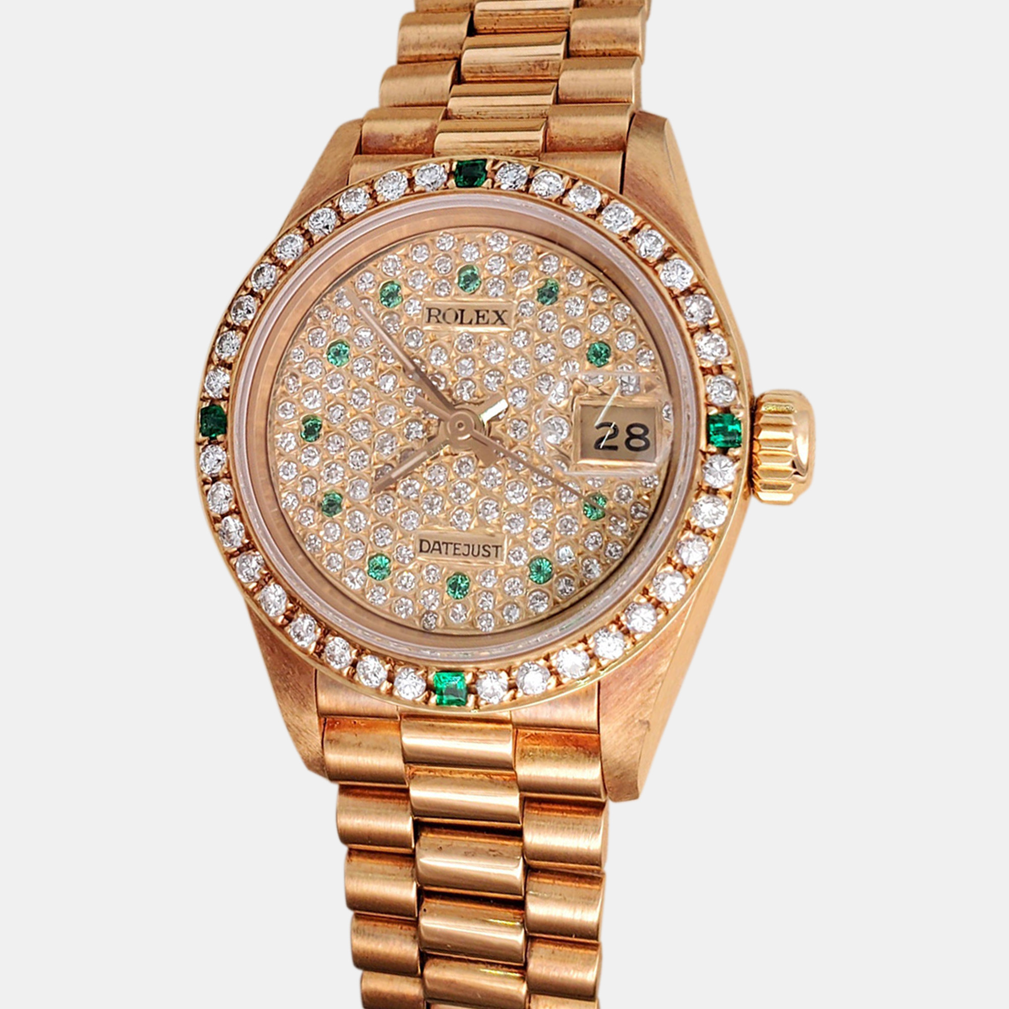 

Rolex Custom Silver Diamonds 18K Yellow Gold Emeralds President Datejust 69178 Automatic Women's Wristwatch